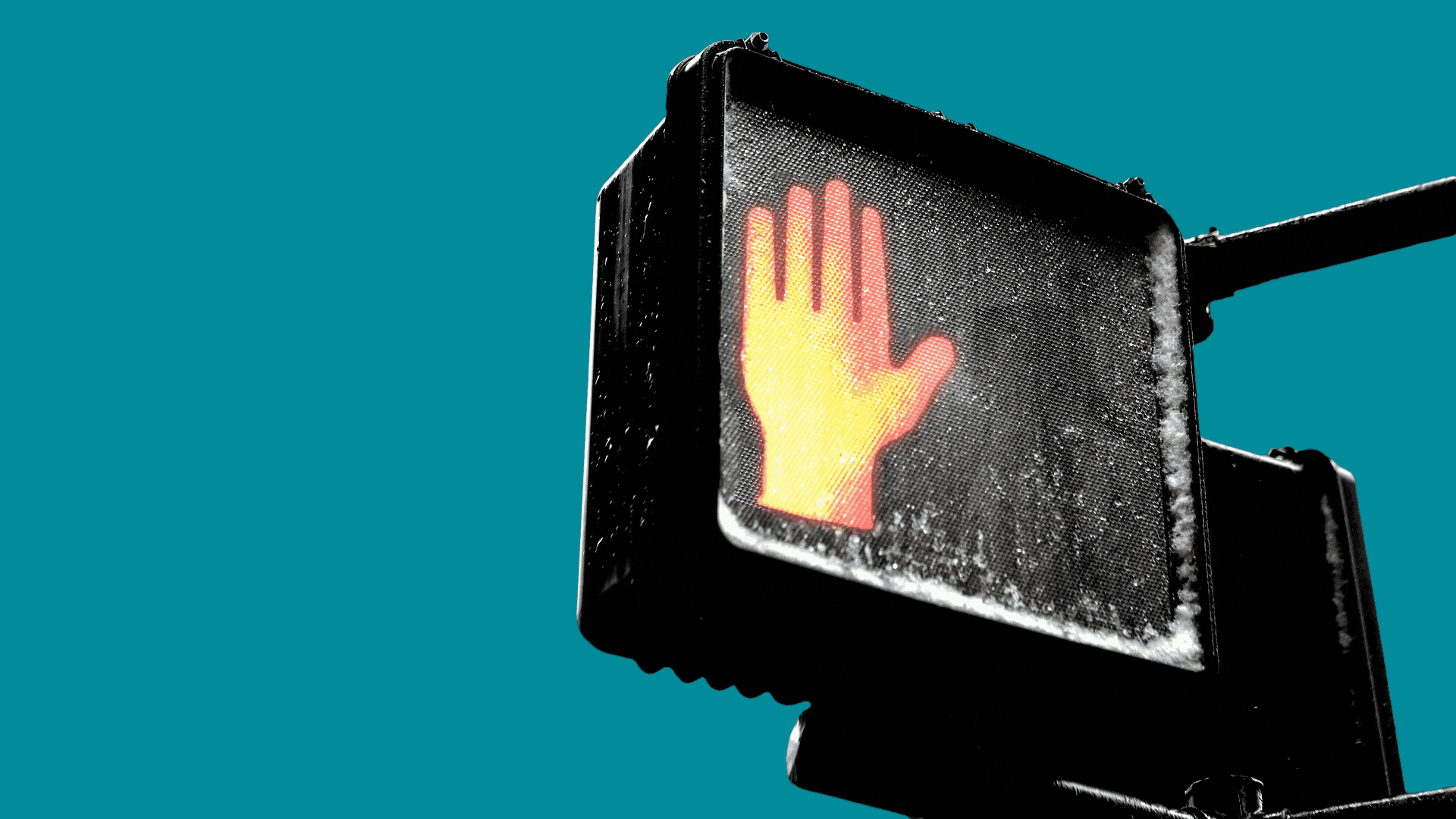 Illustration of a don't walk street signal animating to a walk signal, with the figure wearing a backpack.