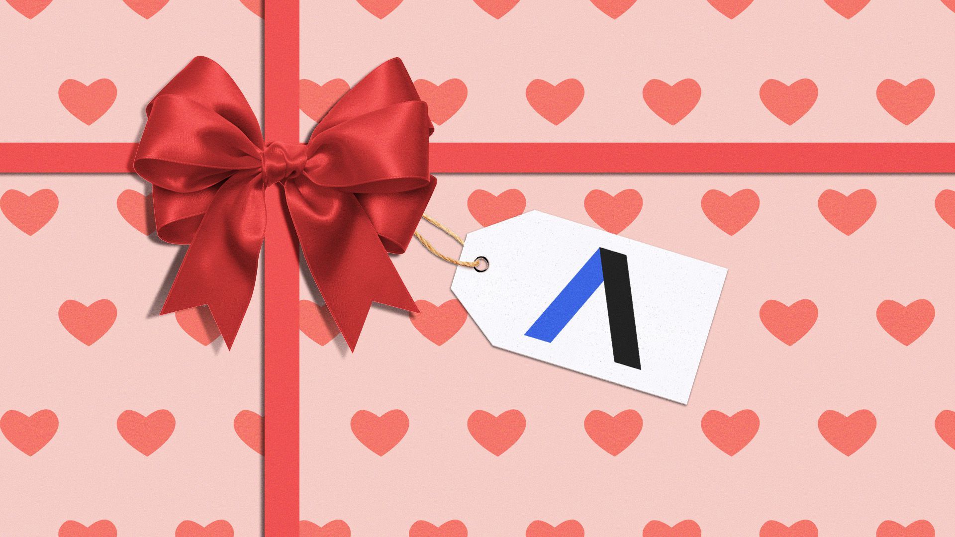Illustration of a heart wrapping paper with a bow and a tag with the Axios A on it.