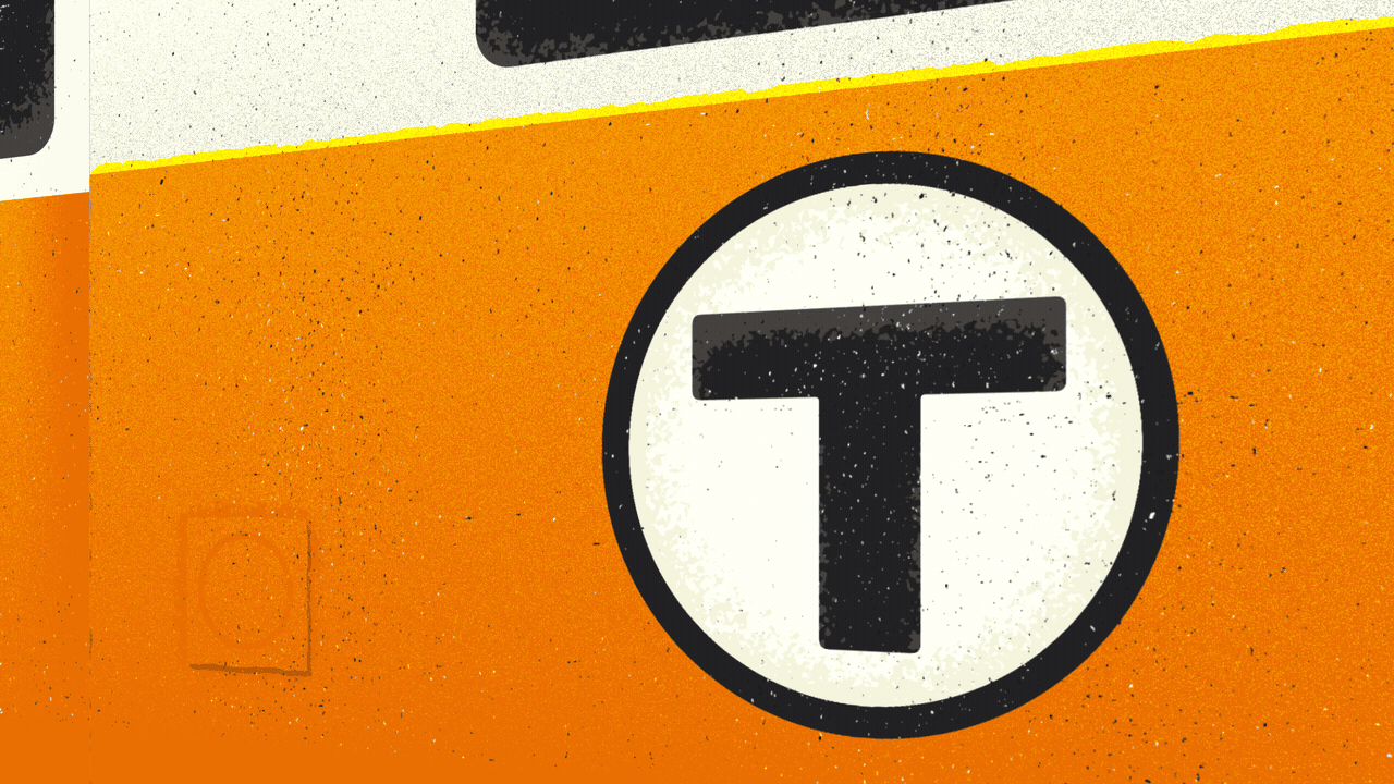 Animated illustration of an MBTA Orange Line train with the T logo changing to a stop sign.