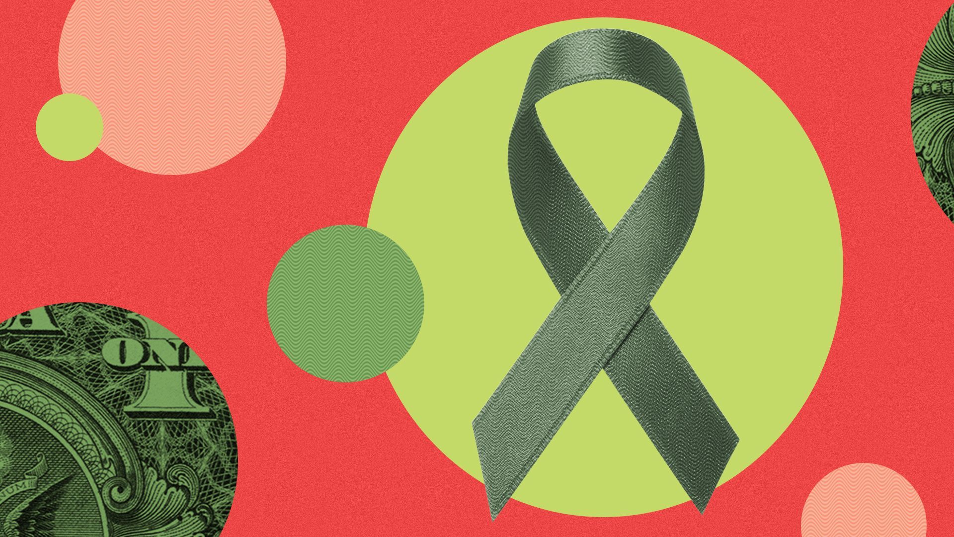 an illustration of a cancer ribbon surrounded by dollar bills and colorful circles 