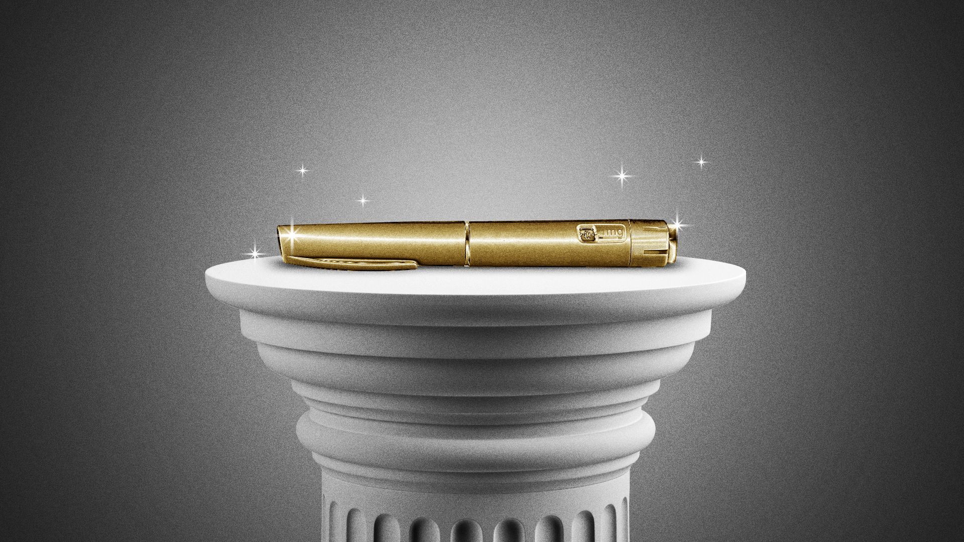 Illustration of a gold semaglutide injector resting on a column.