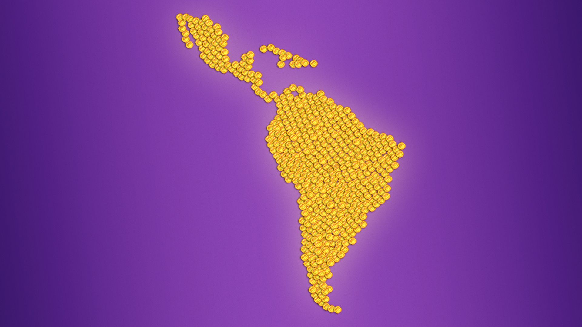 Illustration of dotted coins arranged in the form of Latin America.