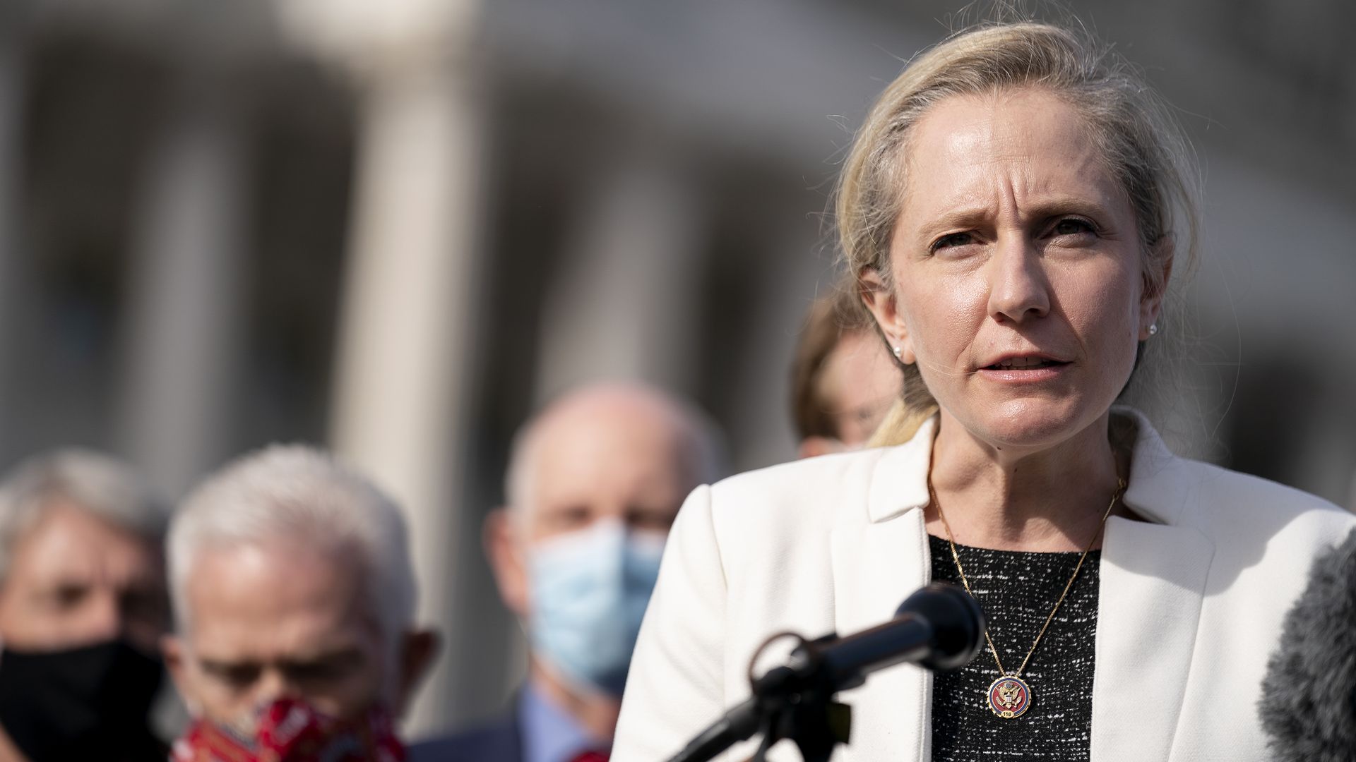 Rep. Abigail Spanberger is seen speaking outside the U.S. Capitol.