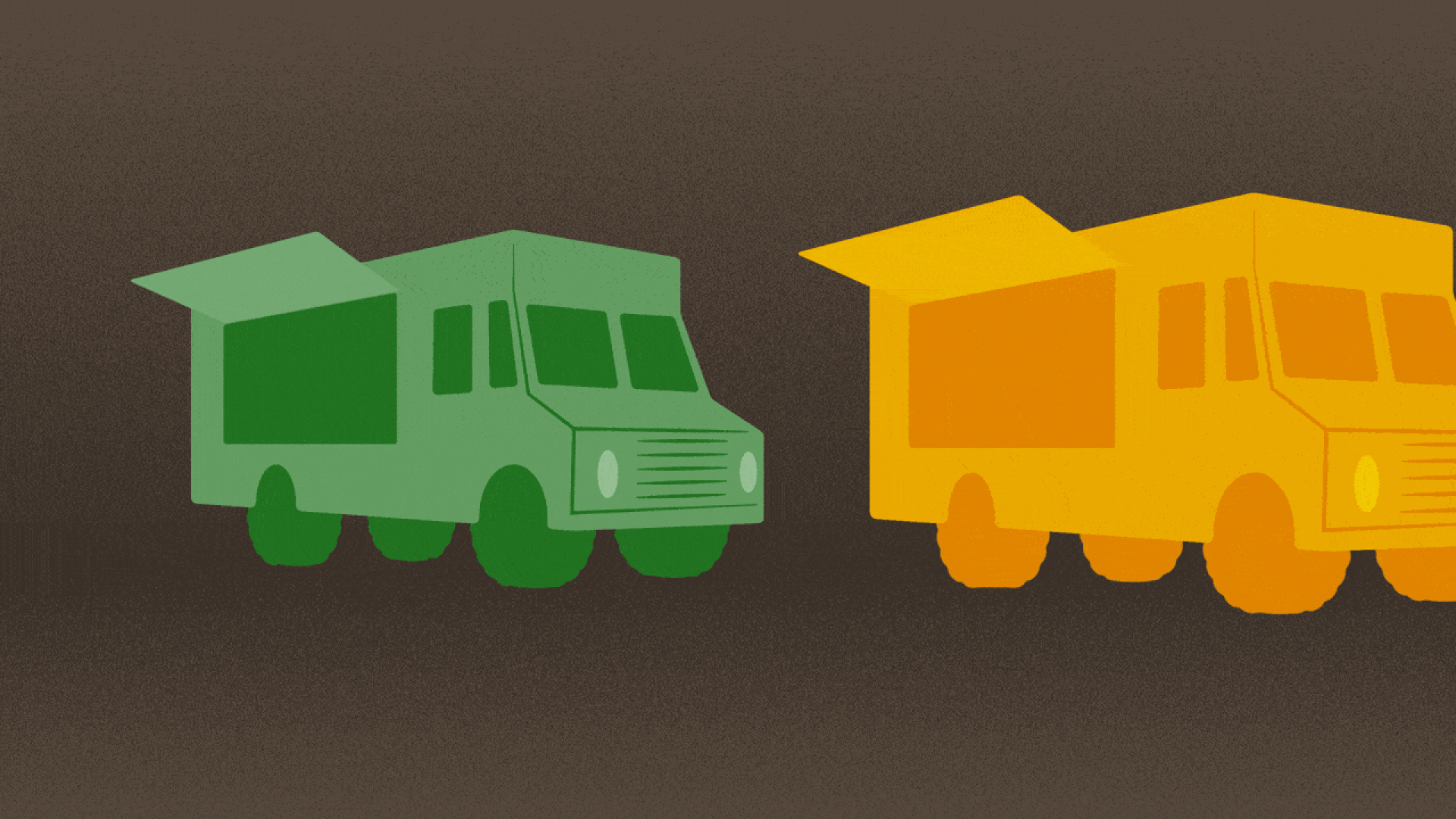 Animated illustration of a line of food trucks driving from left to right.