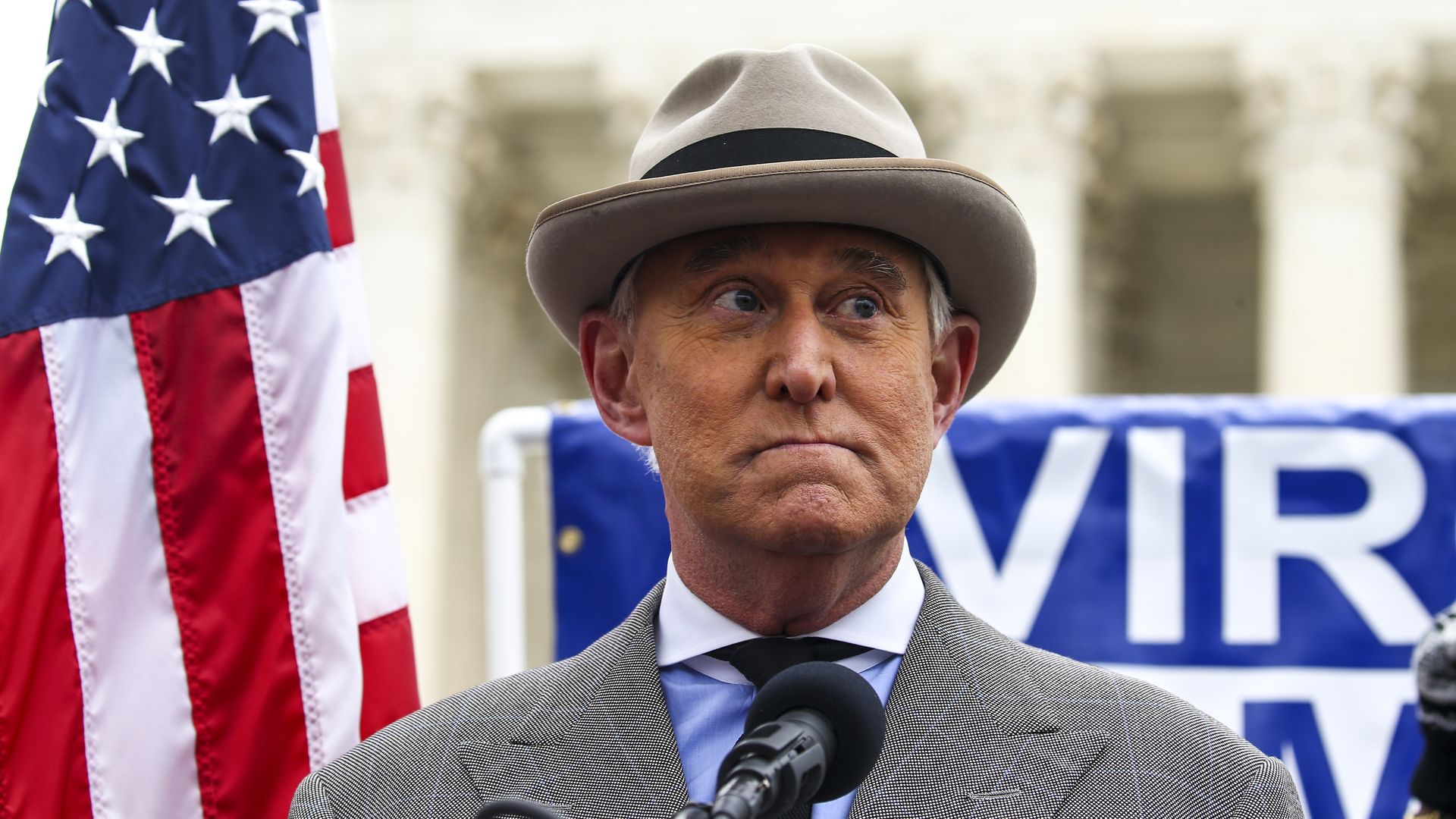  Roger Stone, former advisor to President Trump, speaks in front of the Supreme Court on January 05, 2021 in Washington, DC. 