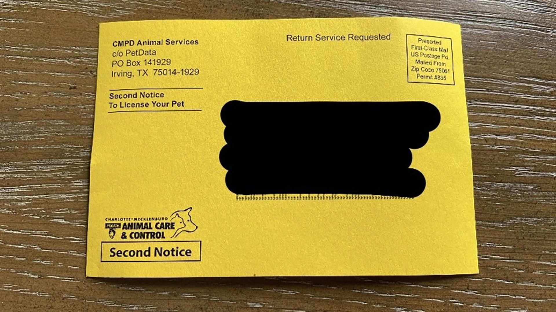 CMPD pet license notice.