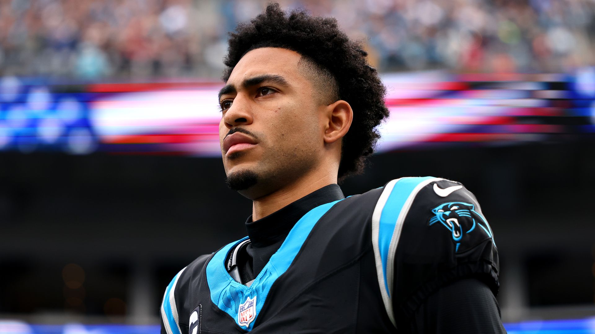 Bryce Young #9 of the Carolina Panthers looks on prior to a game against the Tampa Bay Buccaneers at Bank of America Stadium on December 21, 2025 in Charlotte, North Carolina.