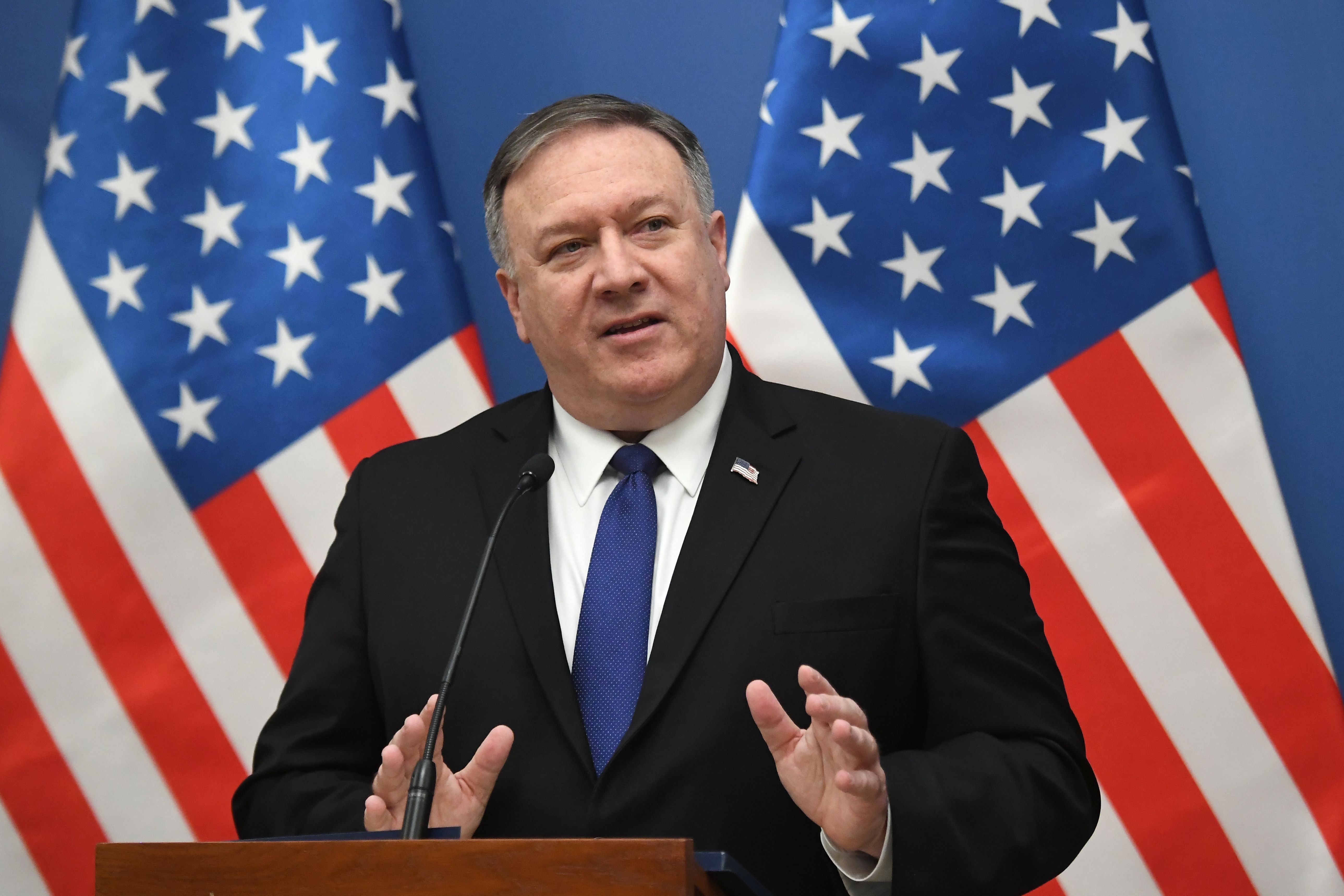 Mike Pompeo addresses a press conference in Budapest on February 11, 2019. 