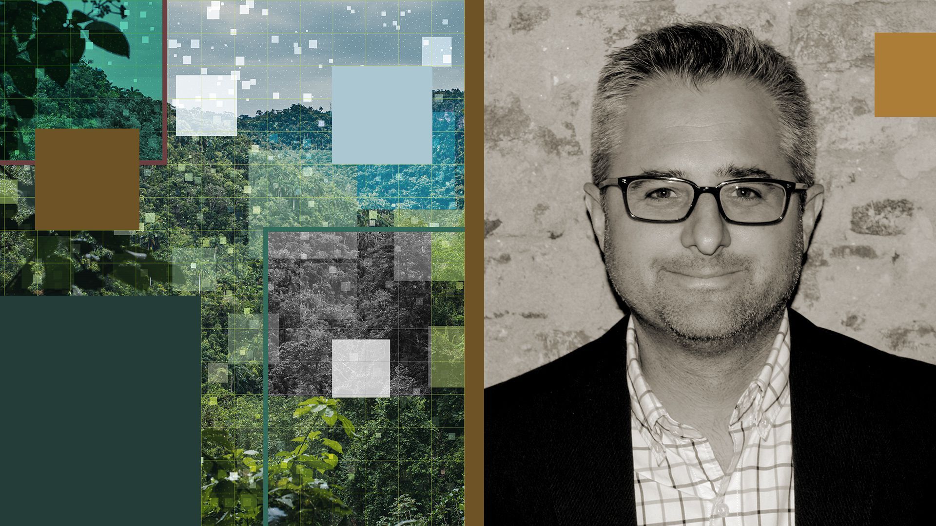 Photo illustration of Brandon Hurlbut with abstract shapes and an image of a forest.