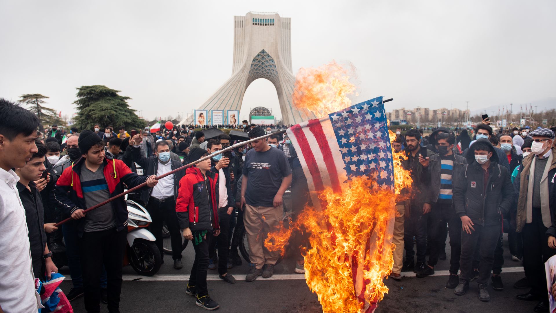 Protestors in Iran burn the American flag during last week's commemoration of the 43rd anniversary of the Islamic revolution.
