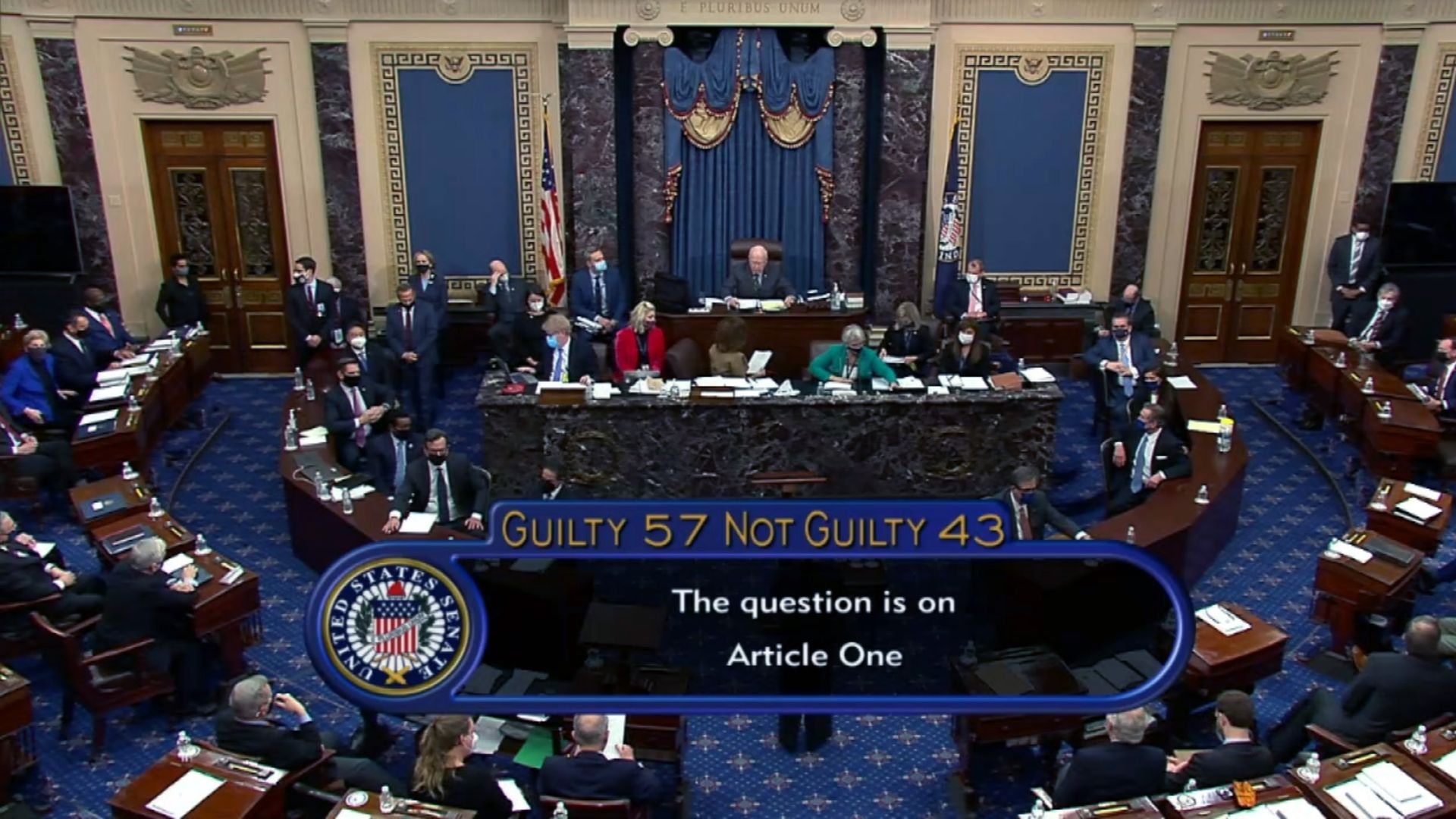 In this screenshot taken from a congress.gov webcast, Senate votes 57-43 to acquit on the fifth day of former President Donald Trump's second impeachment trial 
