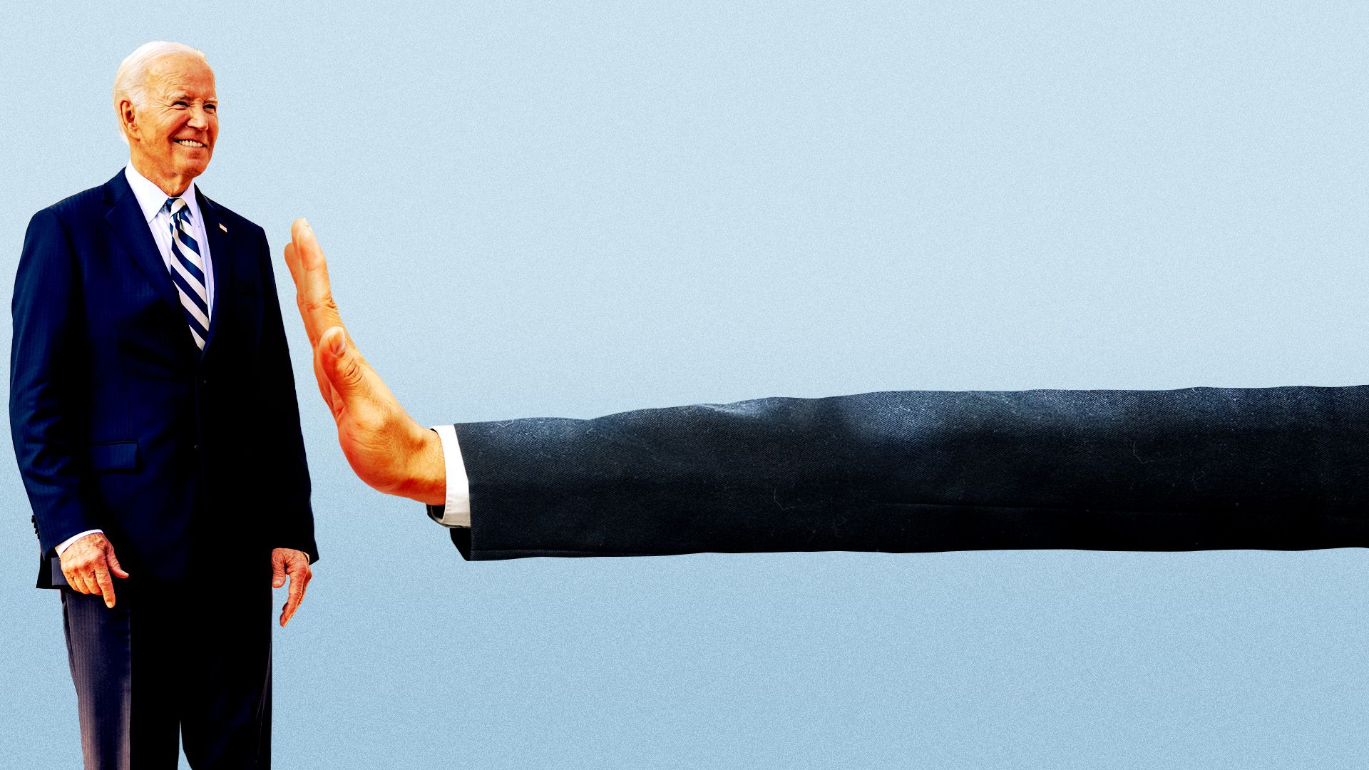 Photo illustration of a giant hand with an elongated arm held out next to President Biden