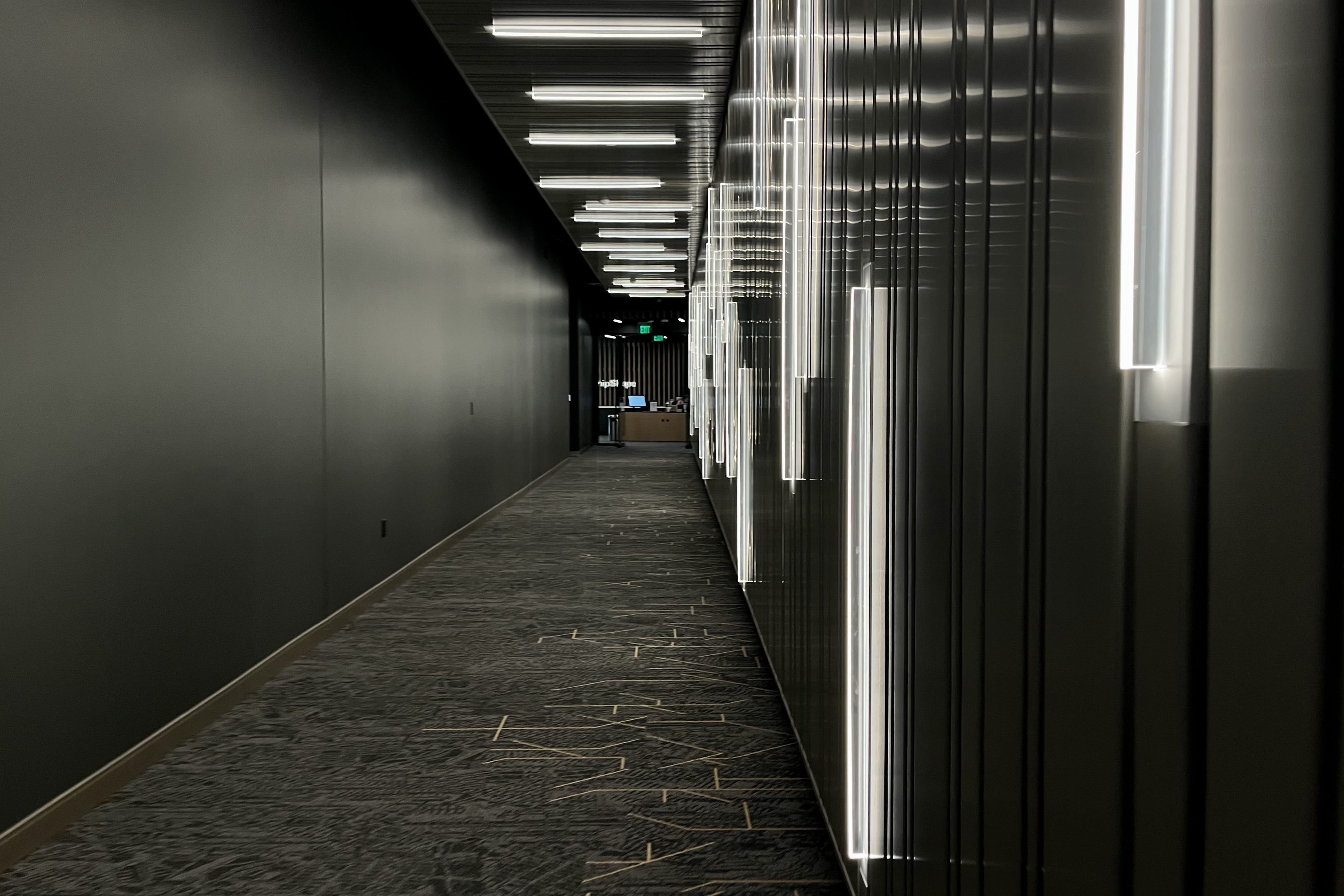 Dark hallway with patterned carpet, black wall on the left, illuminated vertical light panels on the right wall, and ceiling lights leading to a reception desk at the end.