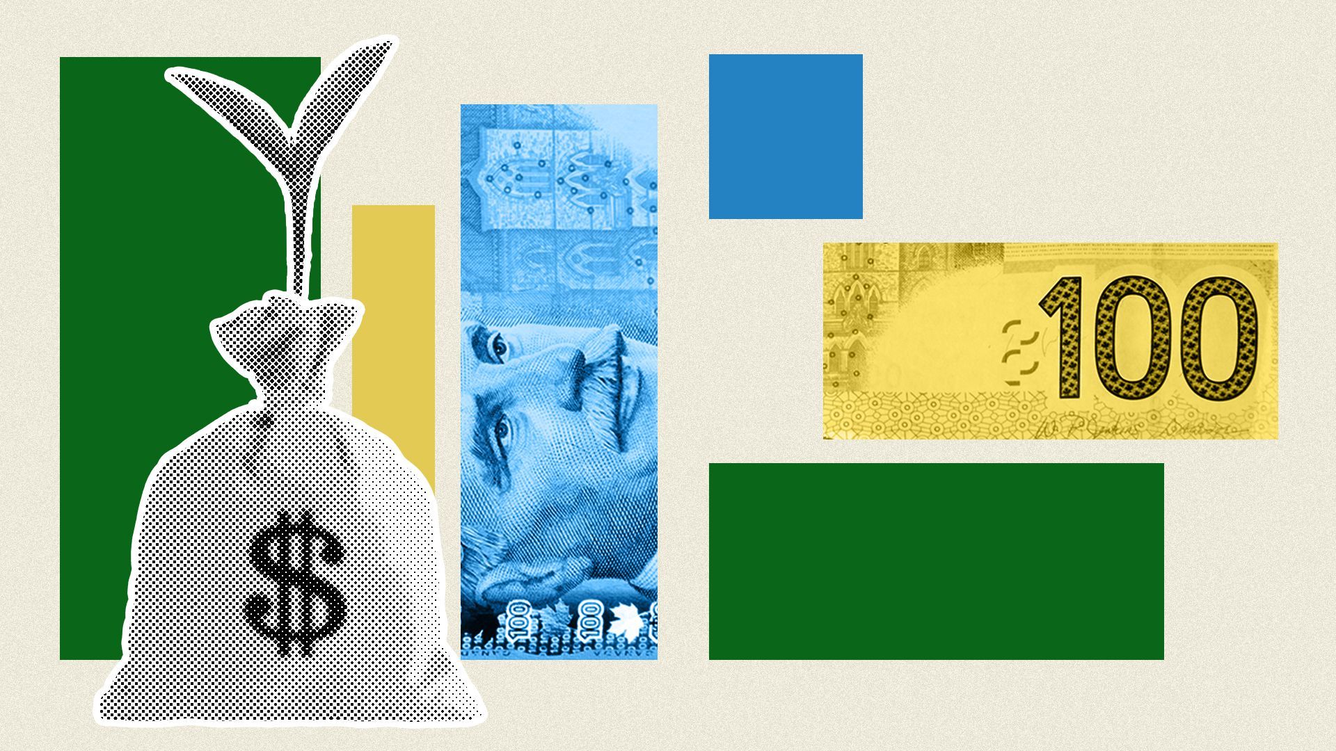 Illustration of a sapling growing out of a sack of money with Canadian money in the background.