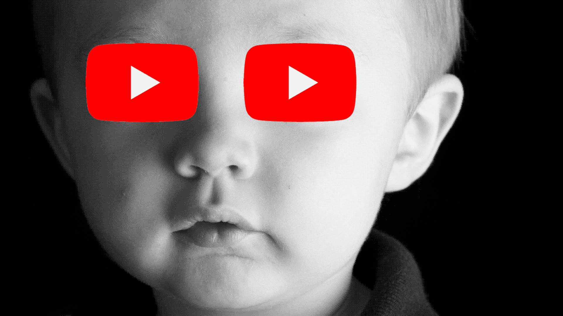 Illustration of a toddler's face with rotating YouTube "play" buttons for eyes.