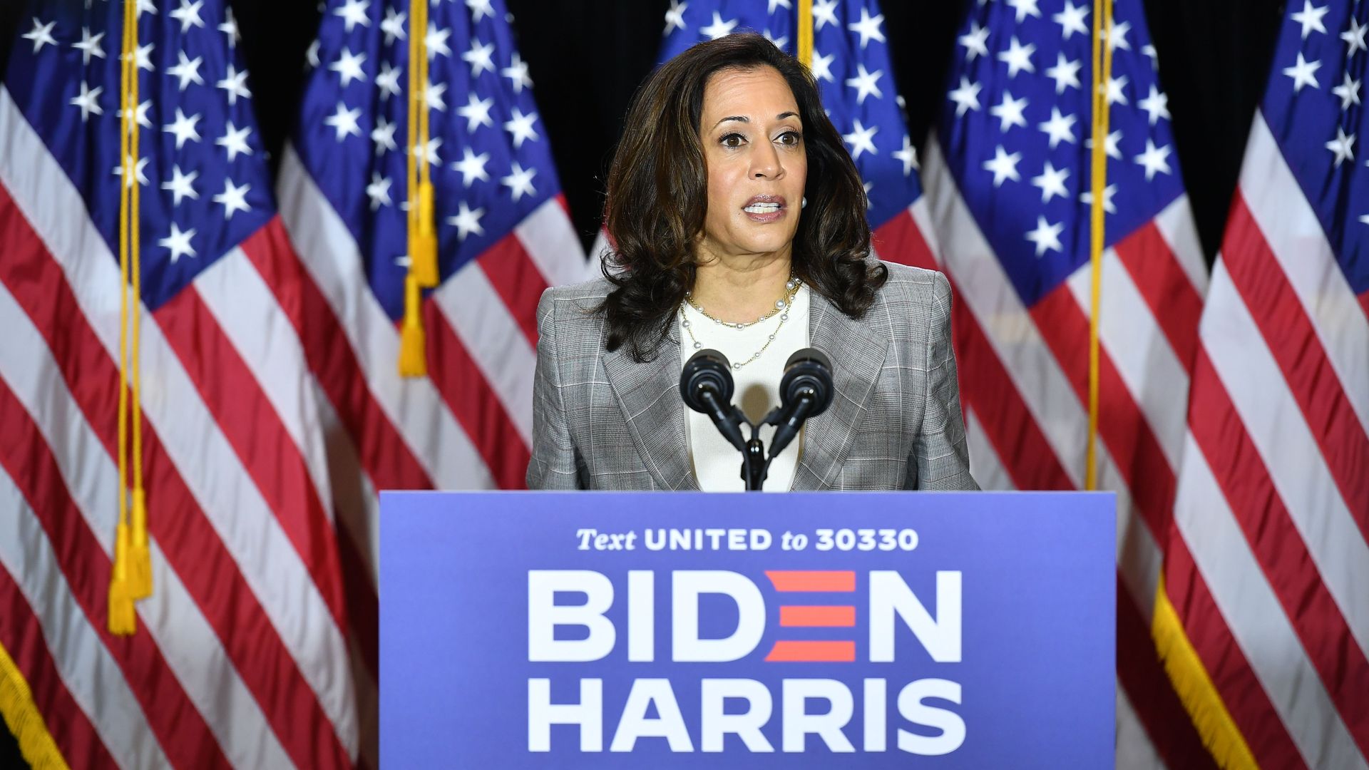 Democratic vice presidential running mate, US Senator Kamala Harris, speaks to the press after receiving a briefing on COVID-19 in Wilmington, Delaware, on August 13