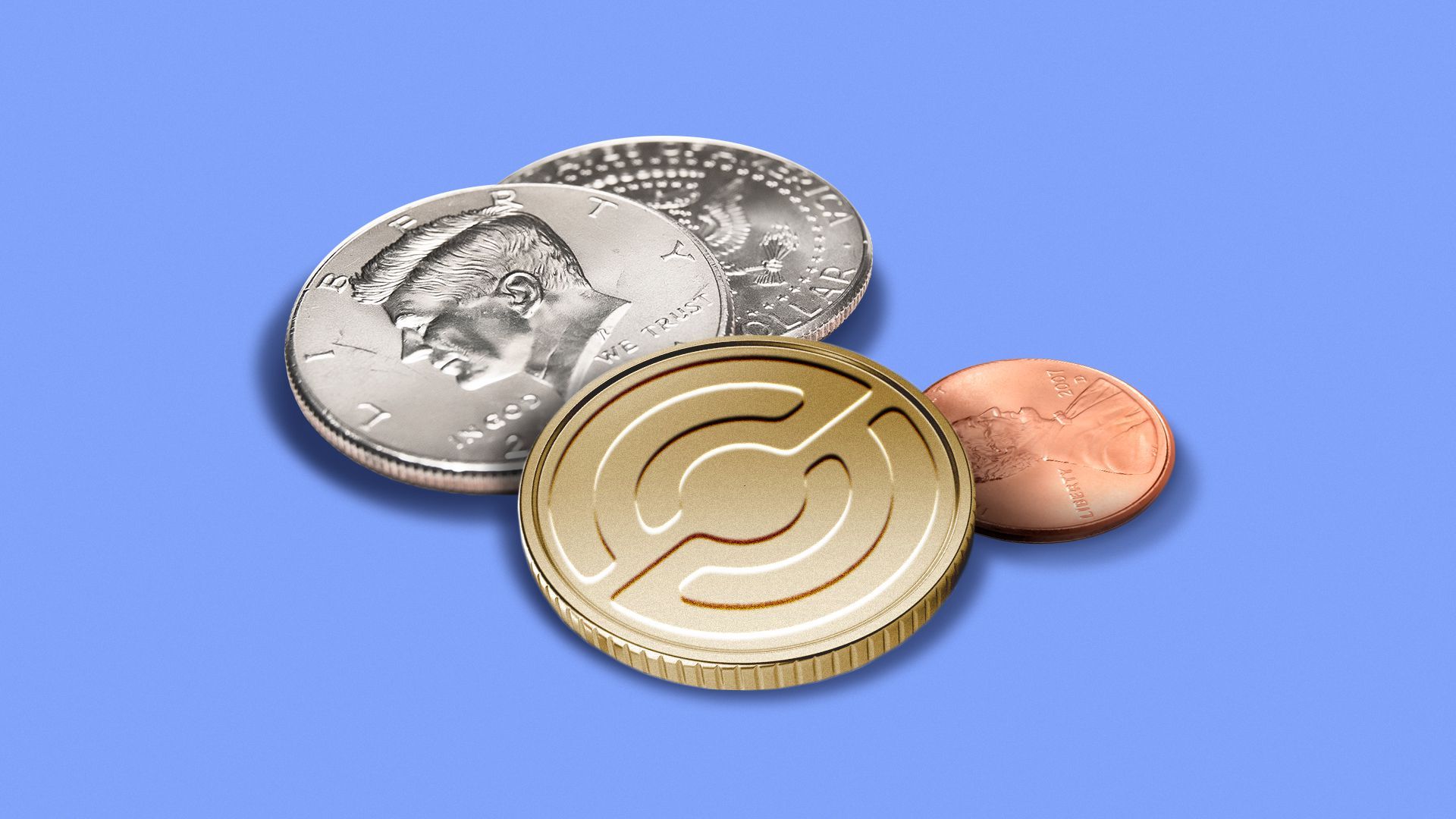 Illustration of several U.S. coins as well as a coin with the Circle logo 