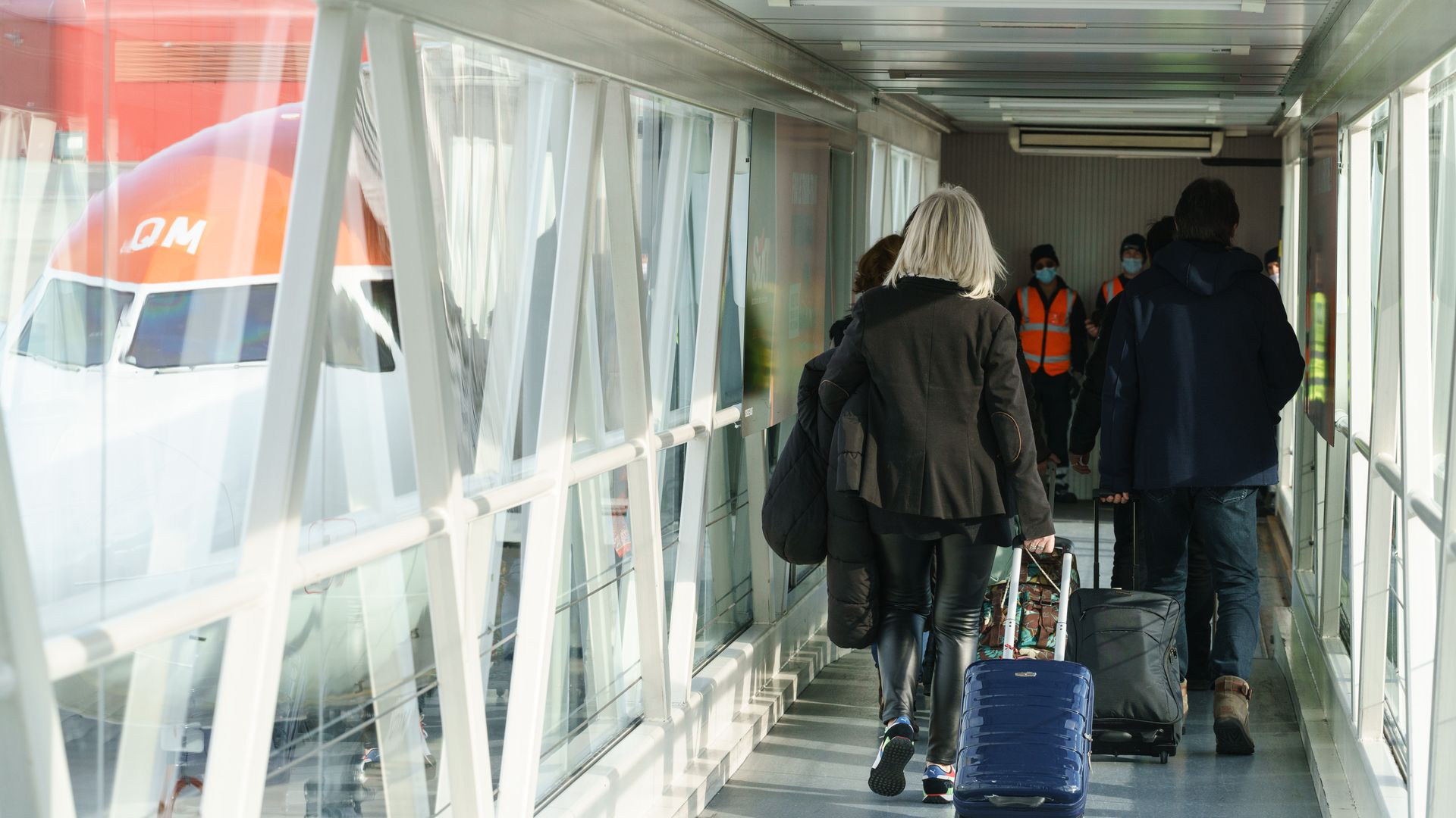 People boarding an airplane in Nice, France, in February 2021.