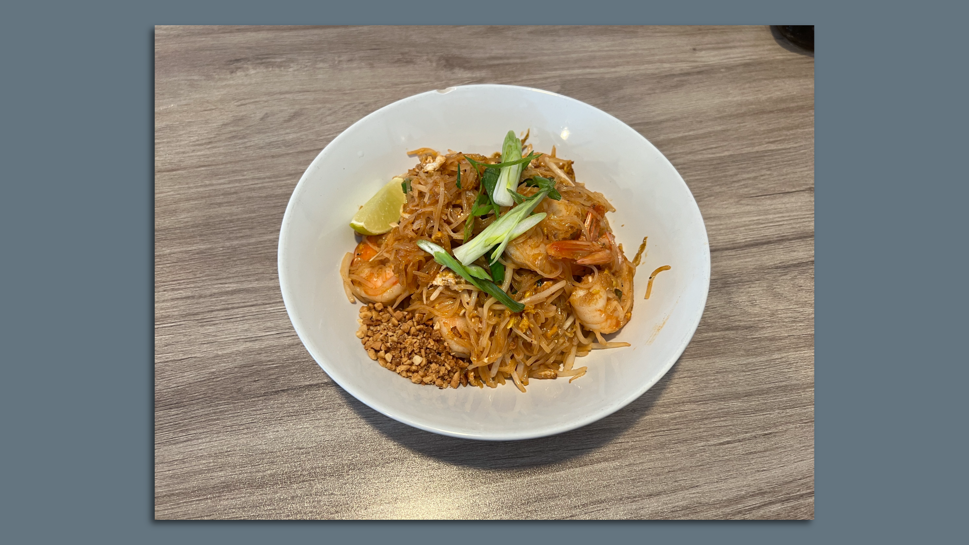 A bowl of shrimp pad Thai 