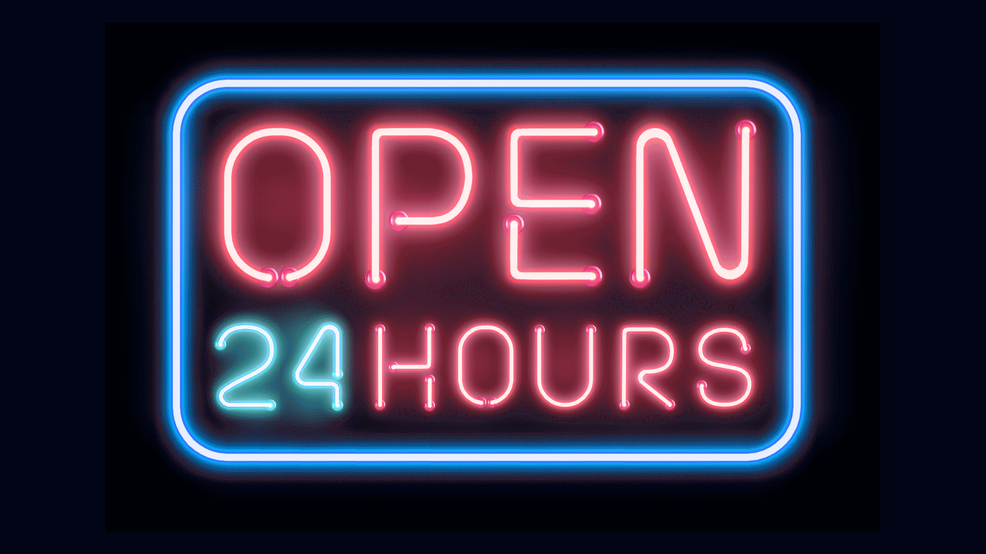Neon sign saying Open 24 hours 