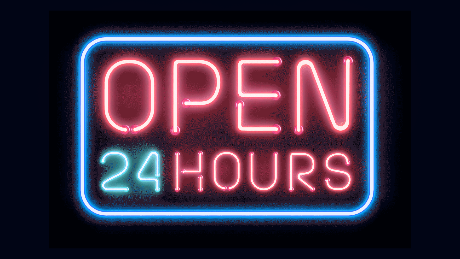 Neon sign saying Open 24 hours