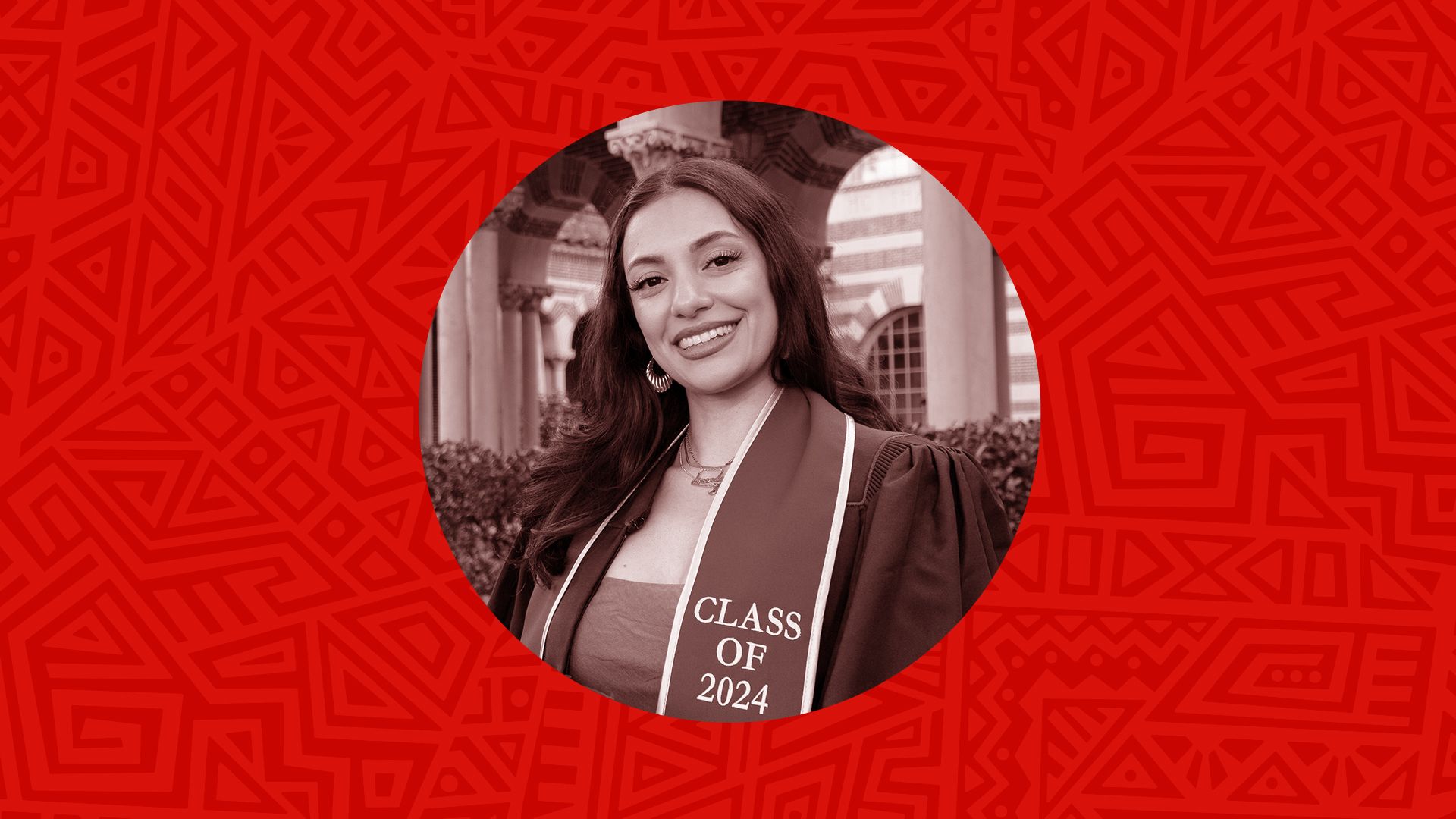 A portrait of Amanda Pantoja with a red background and squiggly lines 