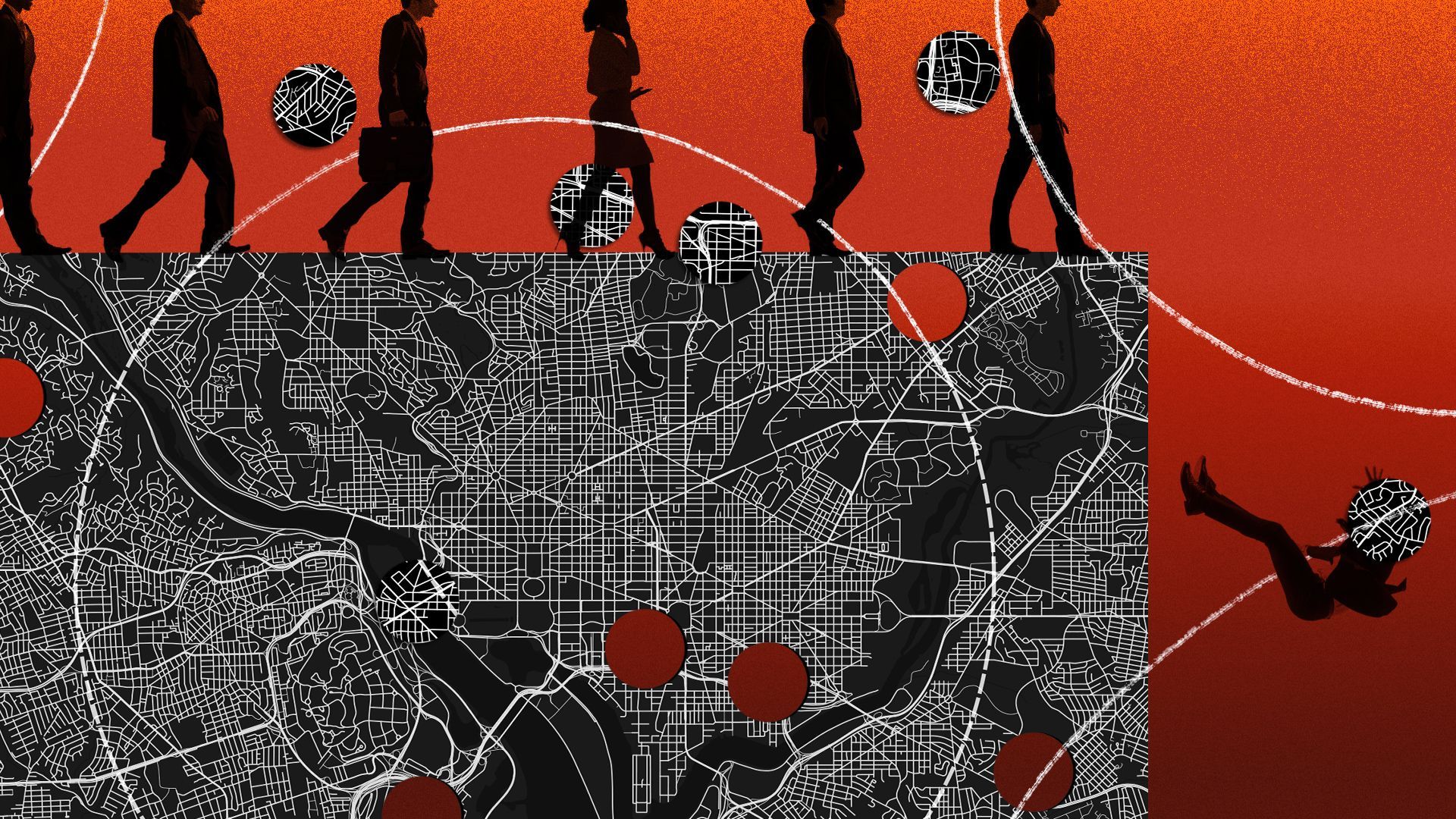 Illustrated collage showing a partial map of Washington D.C. with hole punches in various locations. On top of the map is a line of government employees with one falling off of the map. 