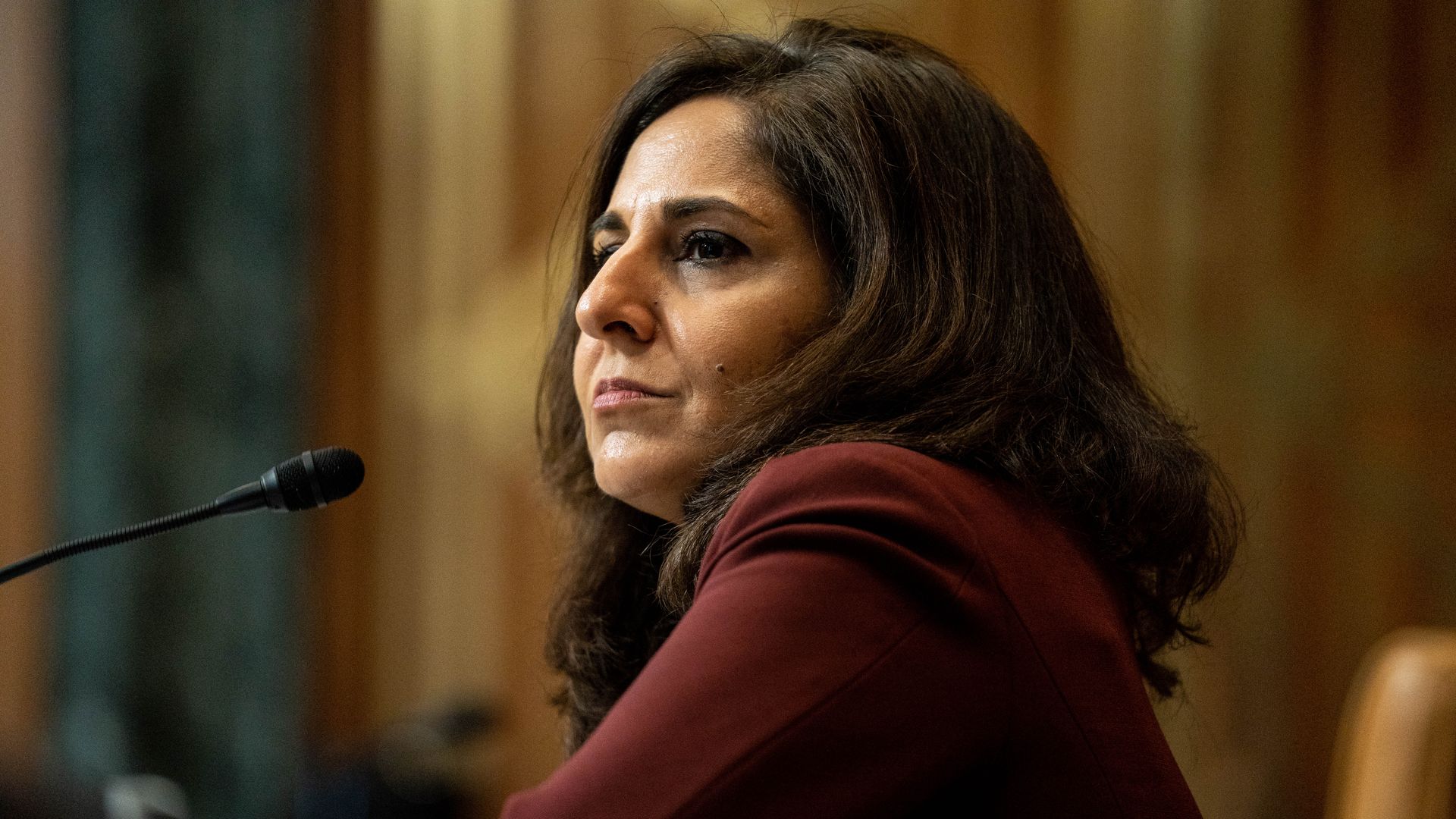 Neera Tanden sits in front of a microphone