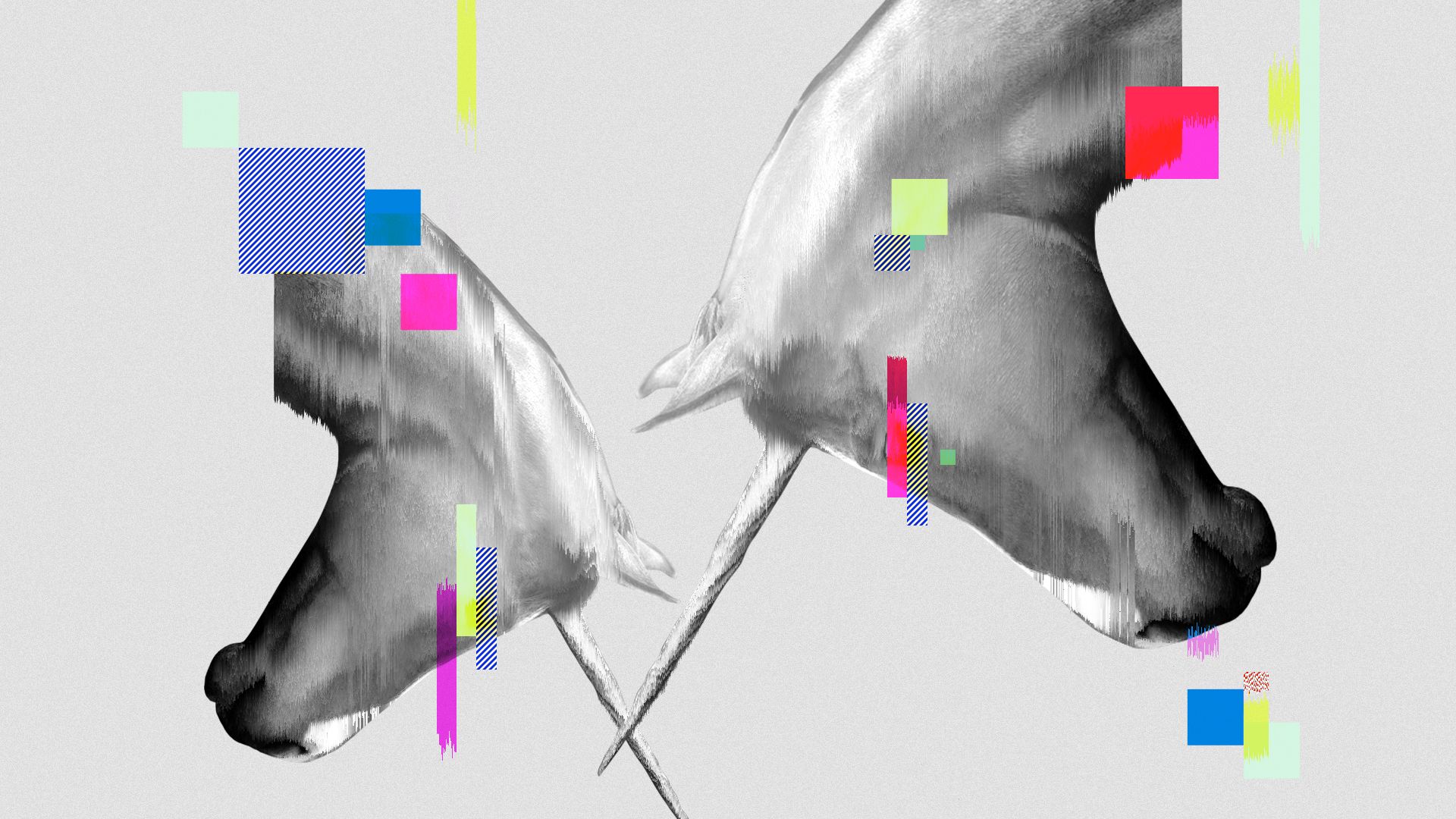 Illustration of two upside-down unicorns interrupted by cubes and glitches