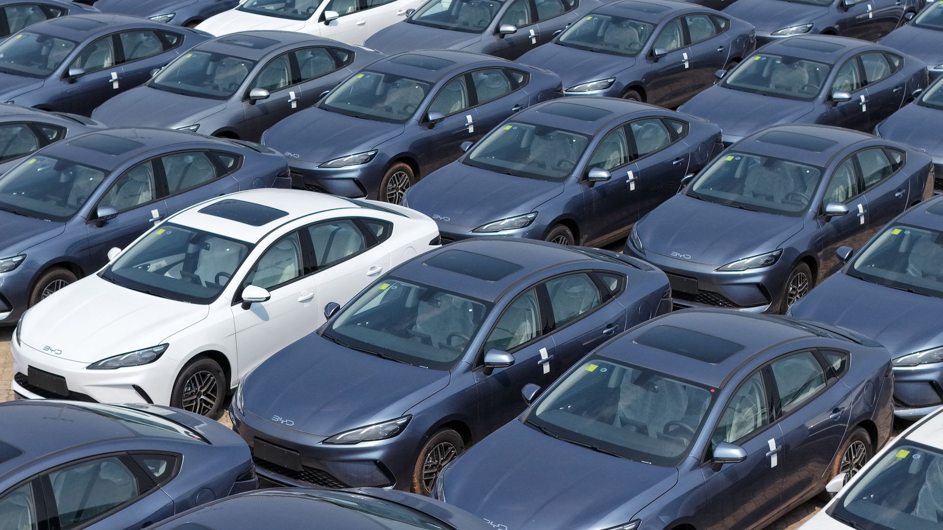 Aerial view of a crowded parking lot with rows of blue-gray sedans and a few white cars, all parked closely in diagonal lines.