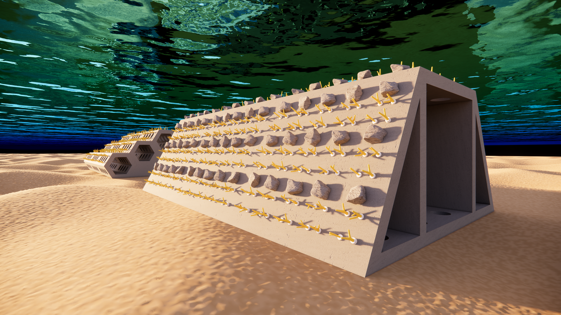 A rendering of manmade coral reef barrier structure.