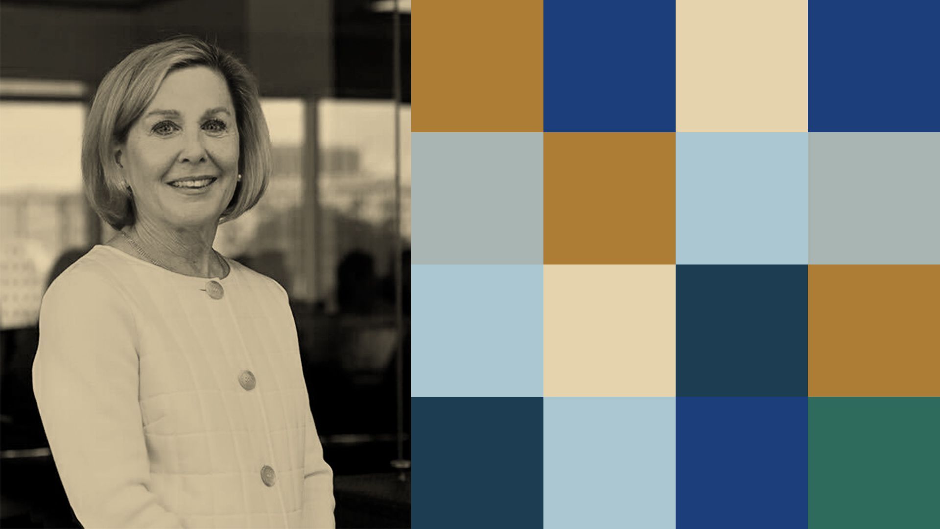 Photo illustration of Patter Gersuk surrounded by abstract shapes.