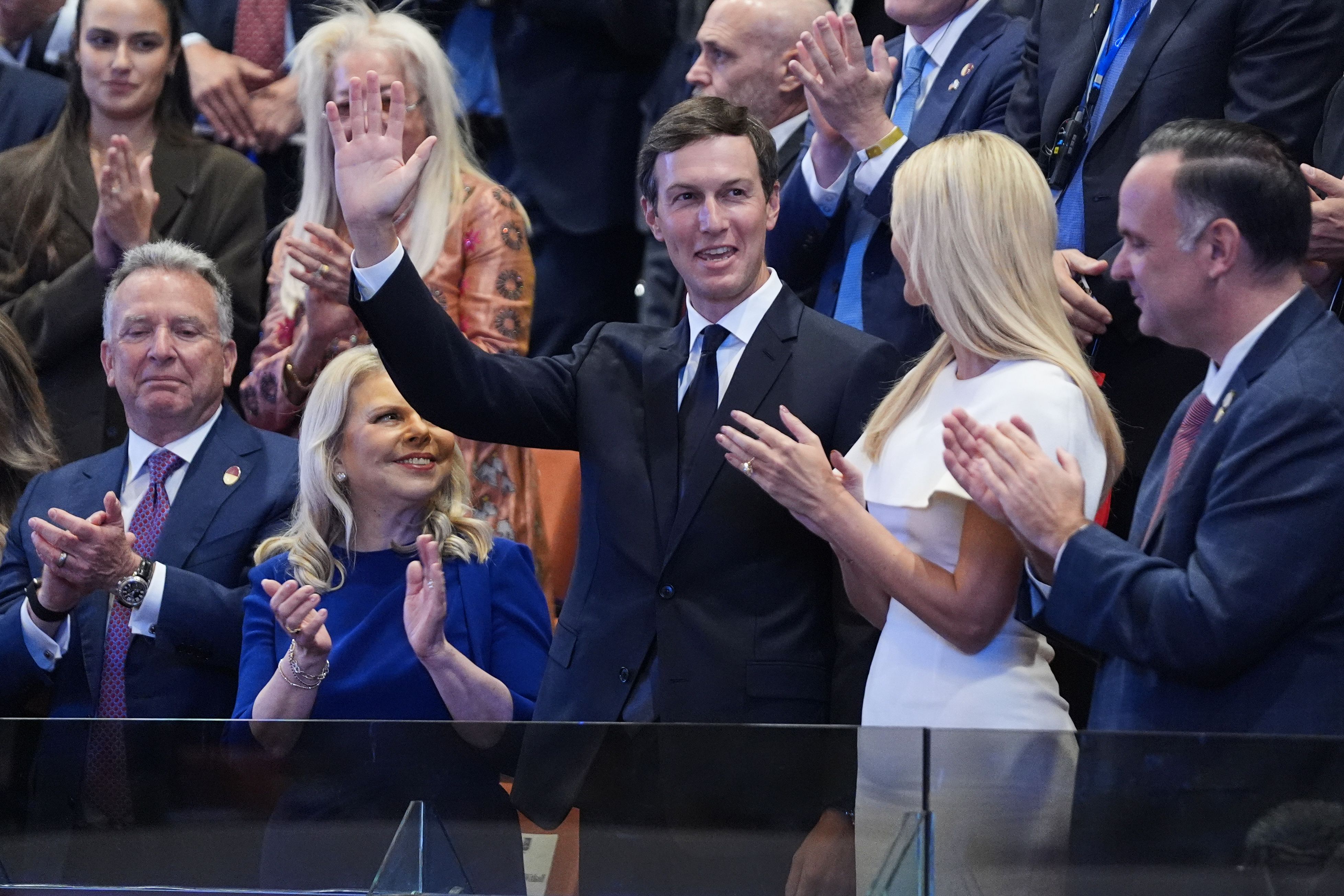 Jared Kushner waves as he is introduced today in the Knesset, Israel's parliament. He was joined by White House envoy Steve Witkoff, Sara Netanyahu, Ivanka Trump and White House deputy chief of staff Dan Scavino. Photo: Evan Vucci/AP