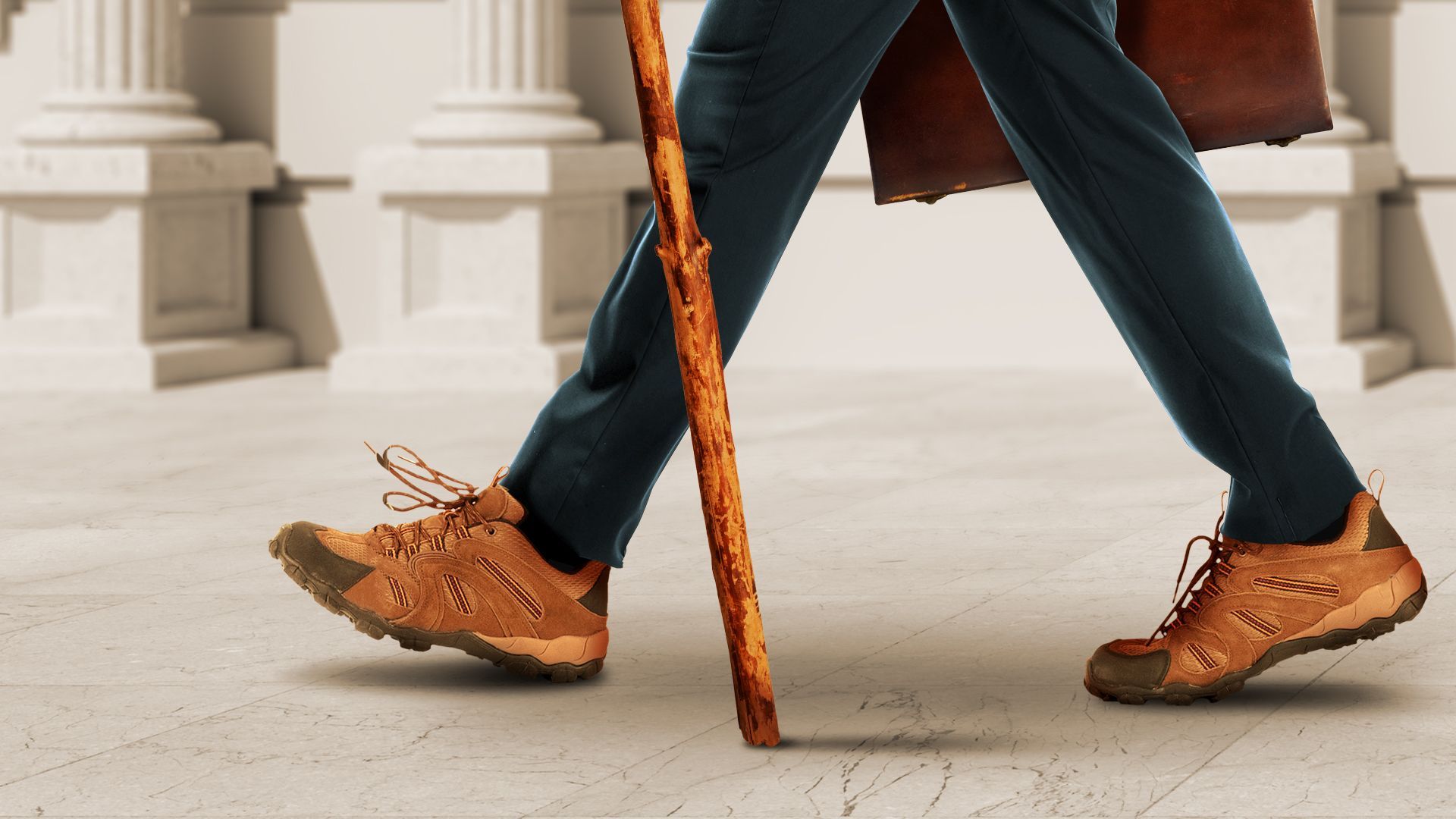 Illustration of a man in a suit with e briefcase wearing hiking boots and carrying a hiking stick with a congressional-looking building in the background