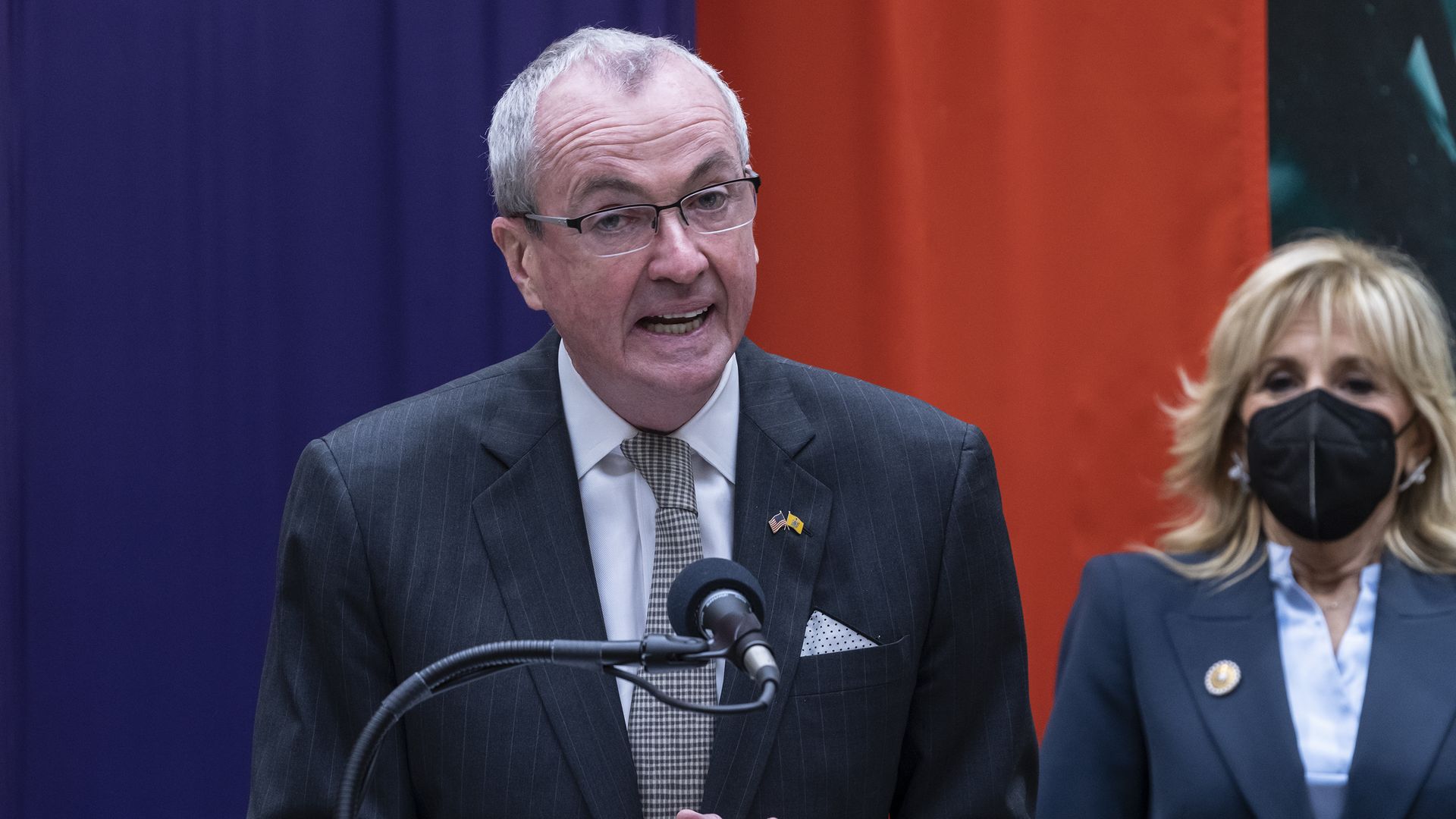 New Jersey Governor Phil Murphy (D) speaking in the city of Paramus in January 2022.