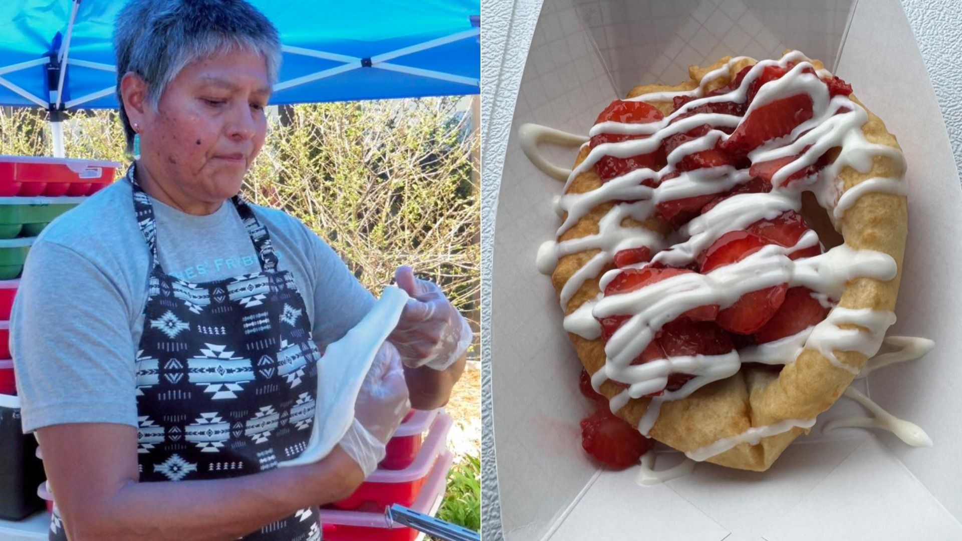 Left: a woman with short gray hair wearing a black-and-white geometric apron at an outdoor market under a blue canopy. Right: a strawberry pastry with white icing drizzle in a takeout box.