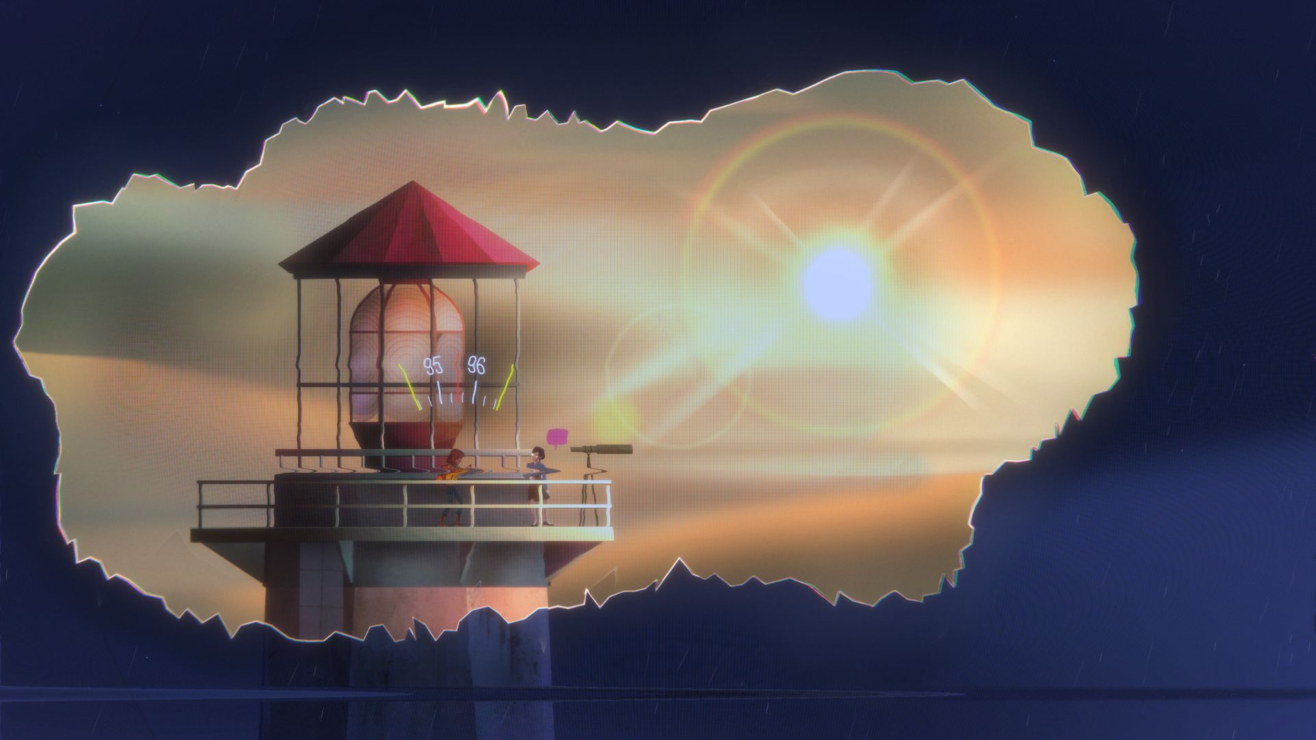 Video game screenshot of a lighthouse during the day in front of a background of nighttime