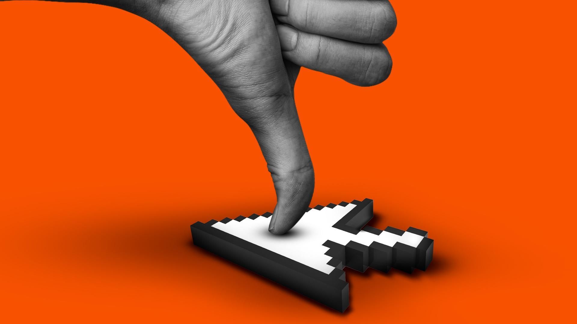 Illustration of a thumb pressing down on an arrow cursor.