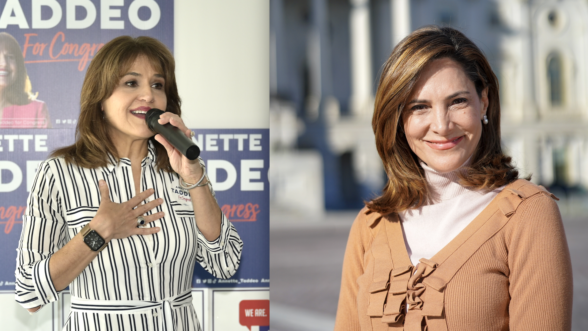 Democratic challenger Annette Taddeo and US Representative Maria Elvira Salazar (R-FL) side by side in two different photos.