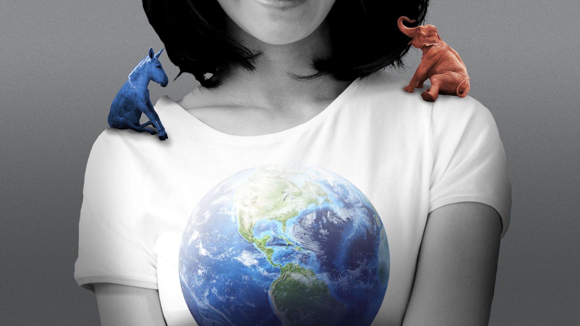 Illustration of a swing voter wearing an earth t-shirt, with a donkey on one shoulder and an elephant on the other. 