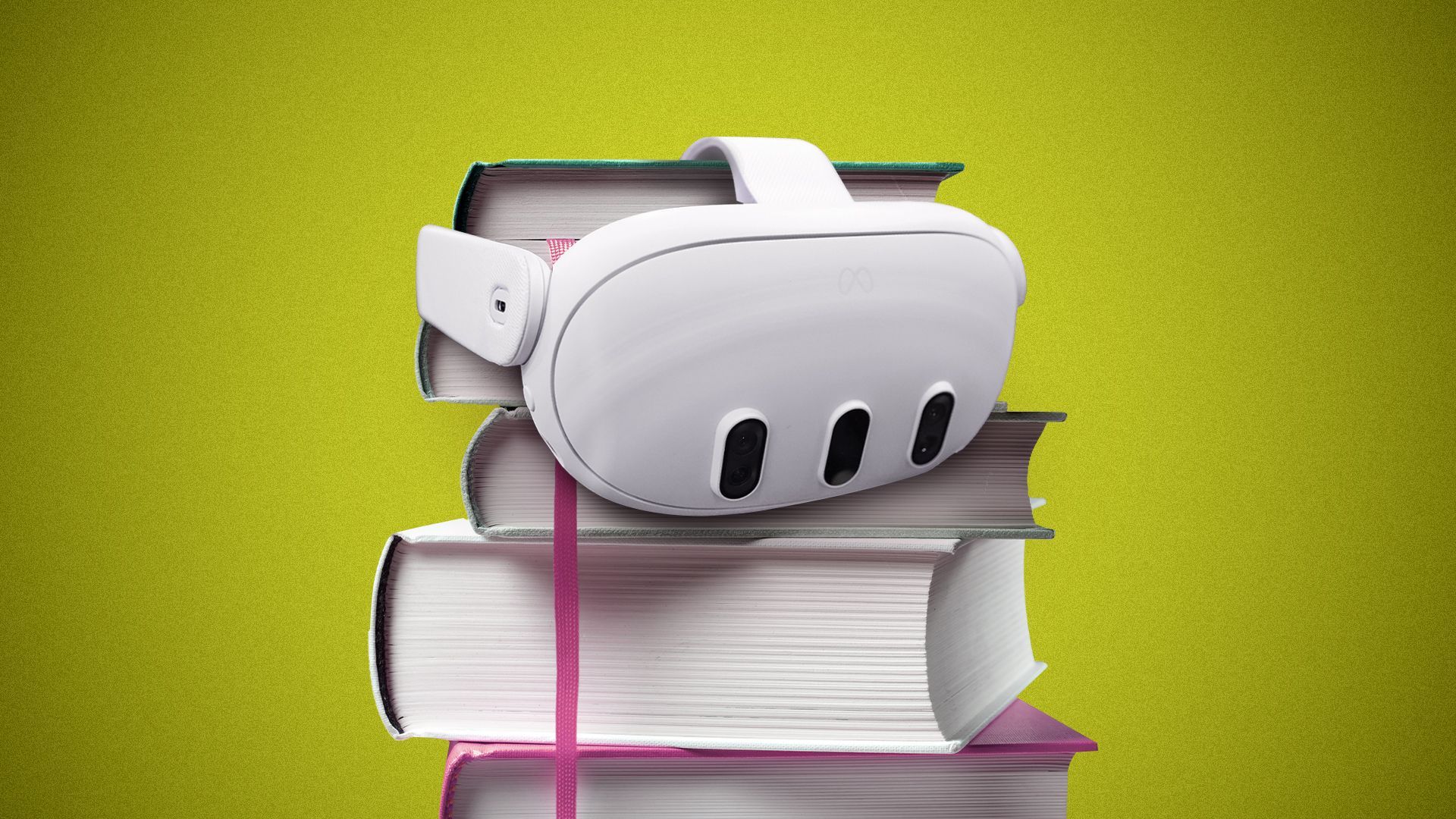 Illustration of a stack of books with Meta's Quest VR headset on top