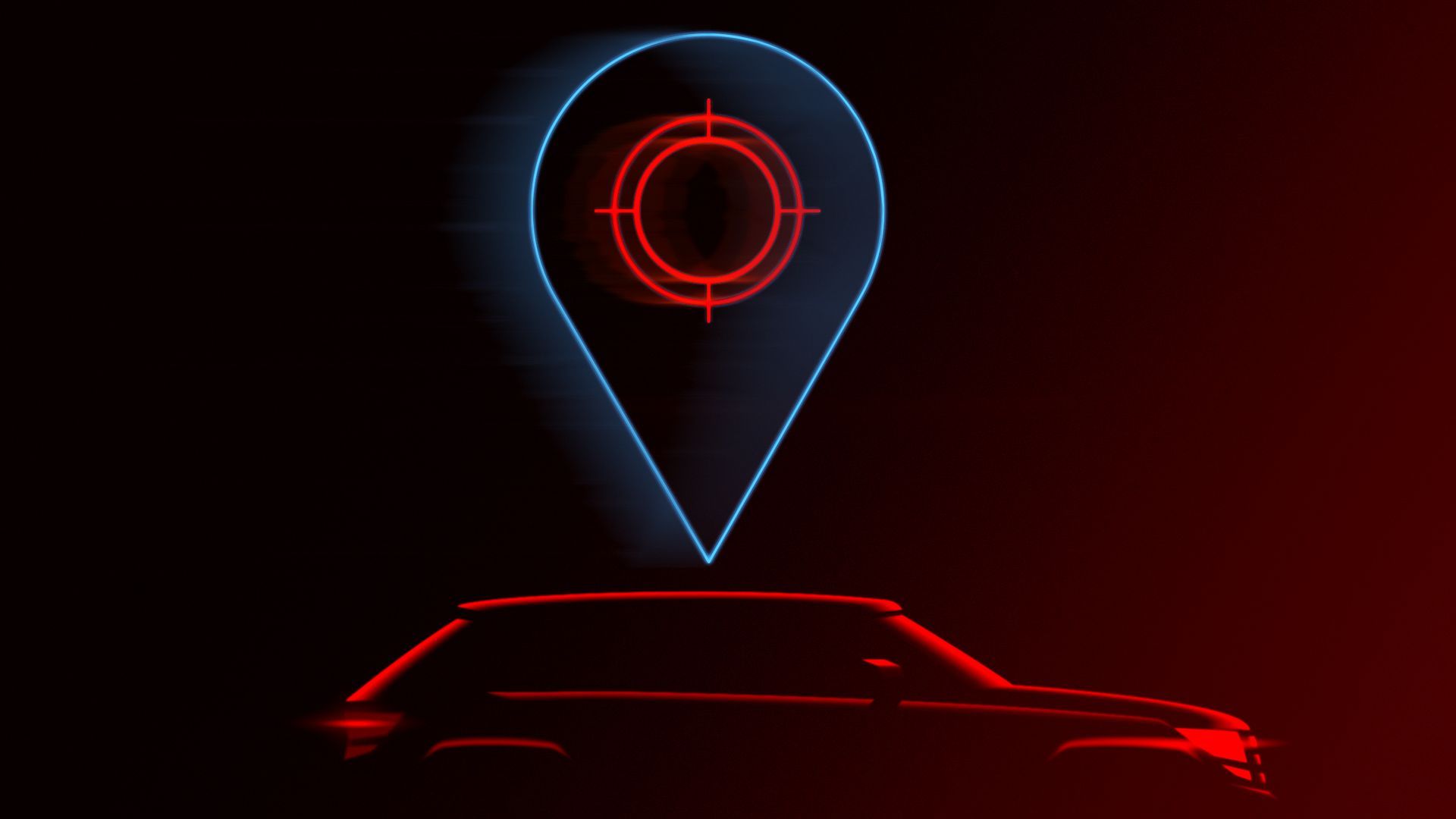 Illustration of a glowing red car with a neon-lit location pin overhead showing a target cross hairs in its center