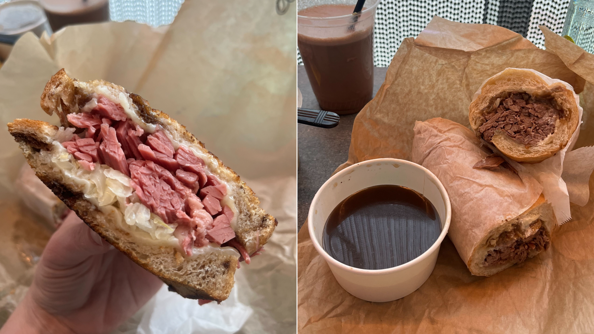 Side-by-side photos of a reuben sandwich next to a brisket sandwich au jus.