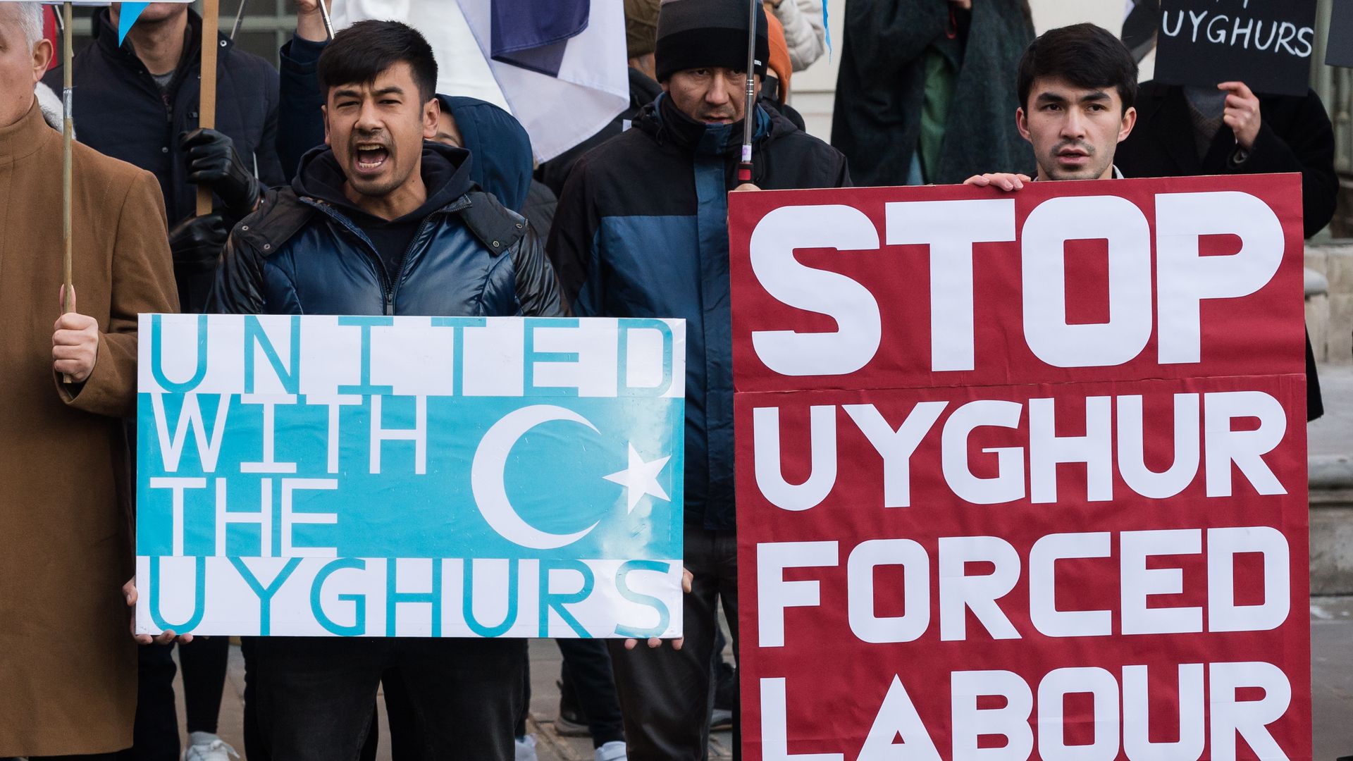Uyghurs rallied outside the Chinese Embassy on Human Rights Day in London last December. Photo: Wiktor Szymanowicz/Anadolu Agency via Getty Images