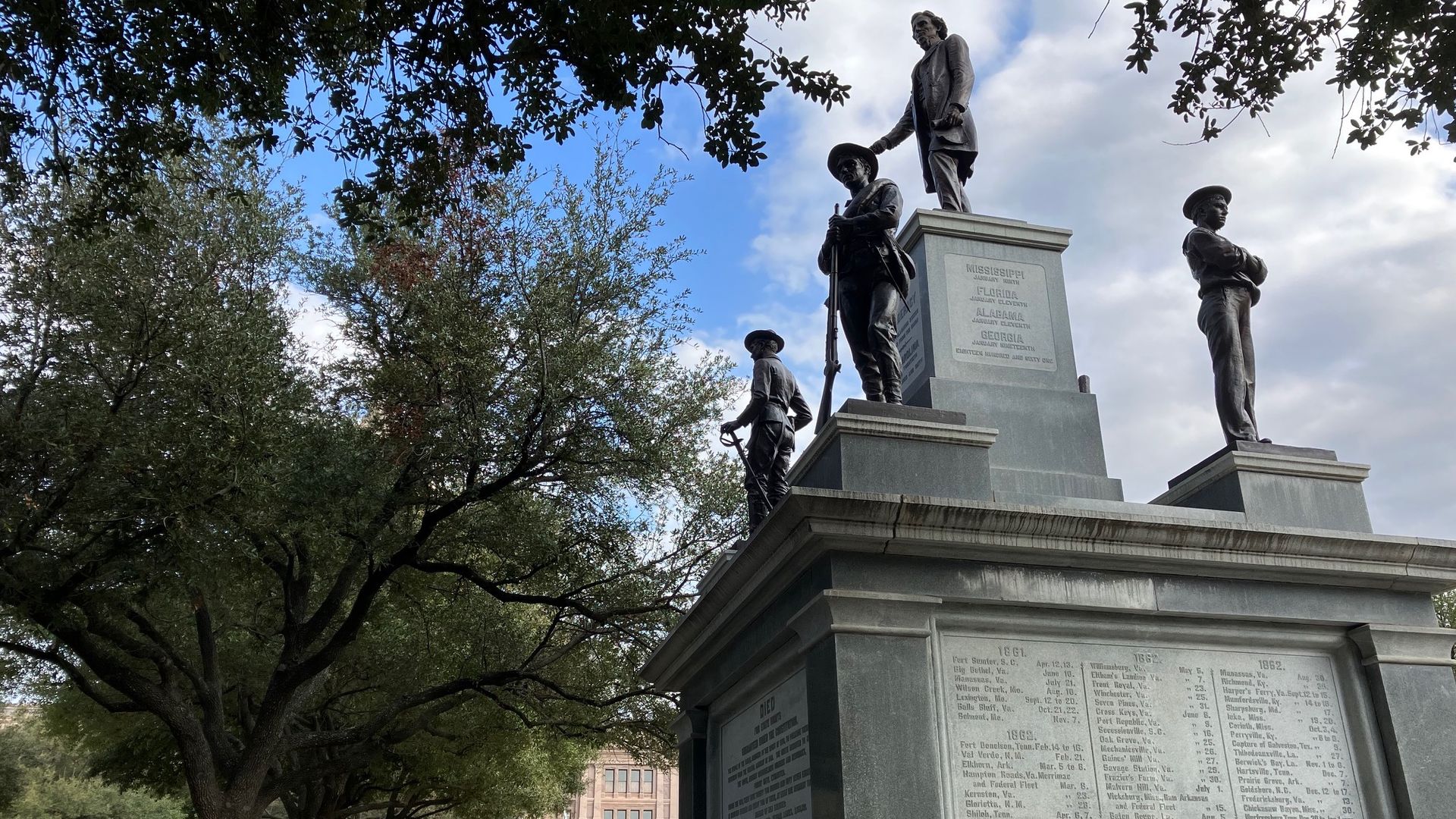 Jefferson Davis stands atop a memorial to the Confederate dead on the Capitol grounds. 