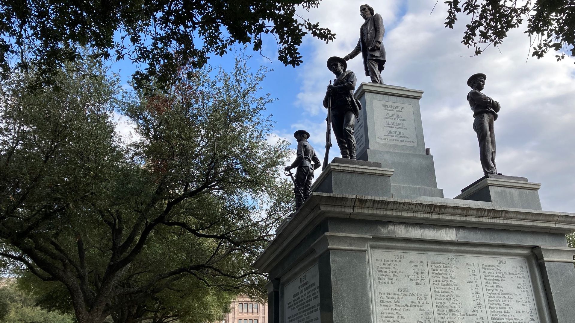 Jefferson Davis stands atop a memorial to the Confederate dead on the Capitol grounds.