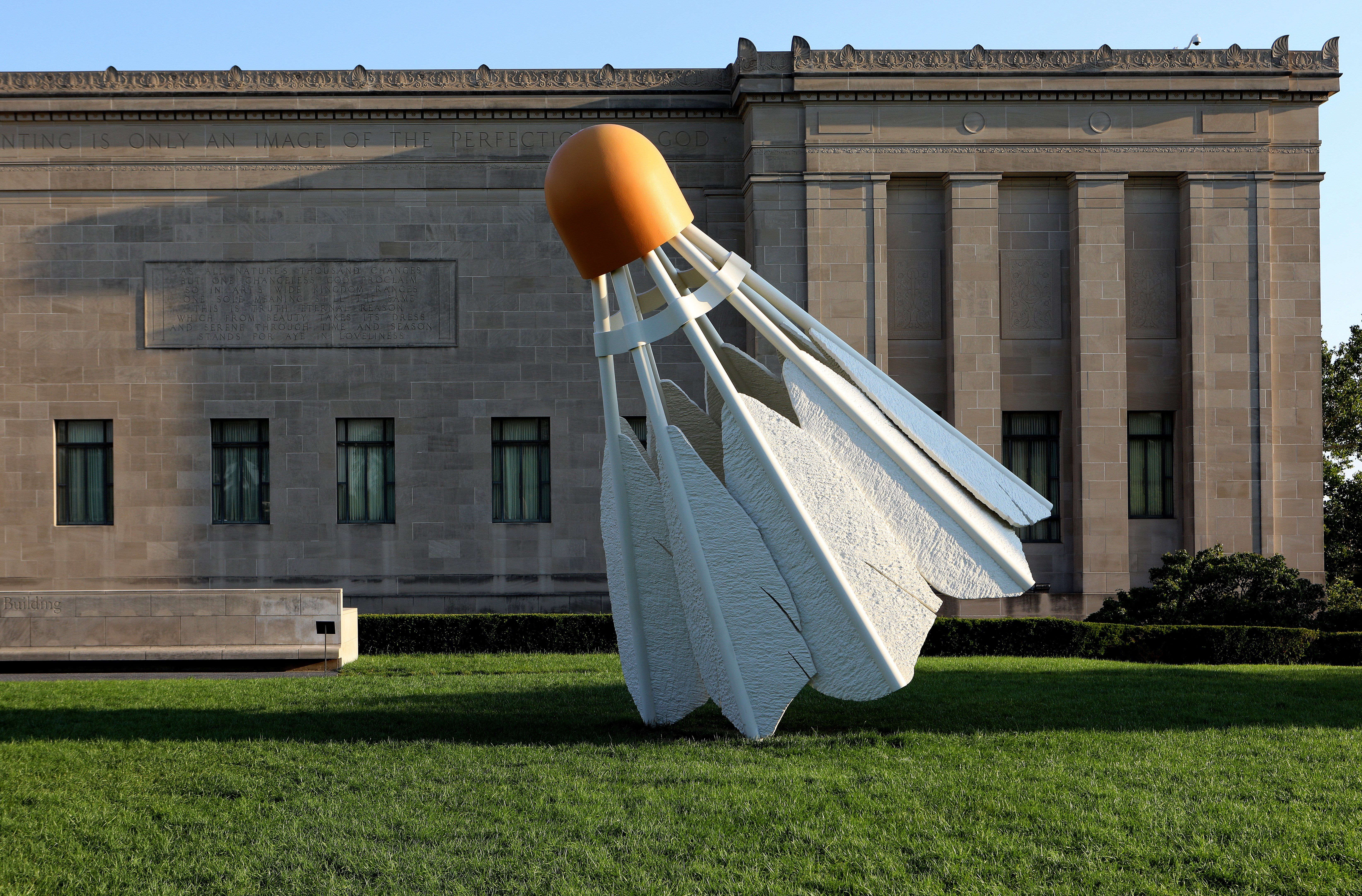 Claes Oldenburg and Coosje van Bruggen's 'Shuttlecocks' sculpture sits outside the Nelson-Atkins Museum Of Art in Kansas City, Missouri on August 12, 2017. MANDATORY MENTION OF THE ARTIST UPON PUBLICATION - RESTRICTED TO EDITORIAL USE. 