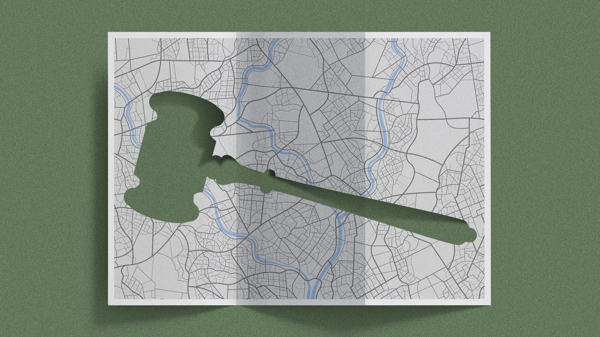 Illustration of a map with a gavel cut out of it.