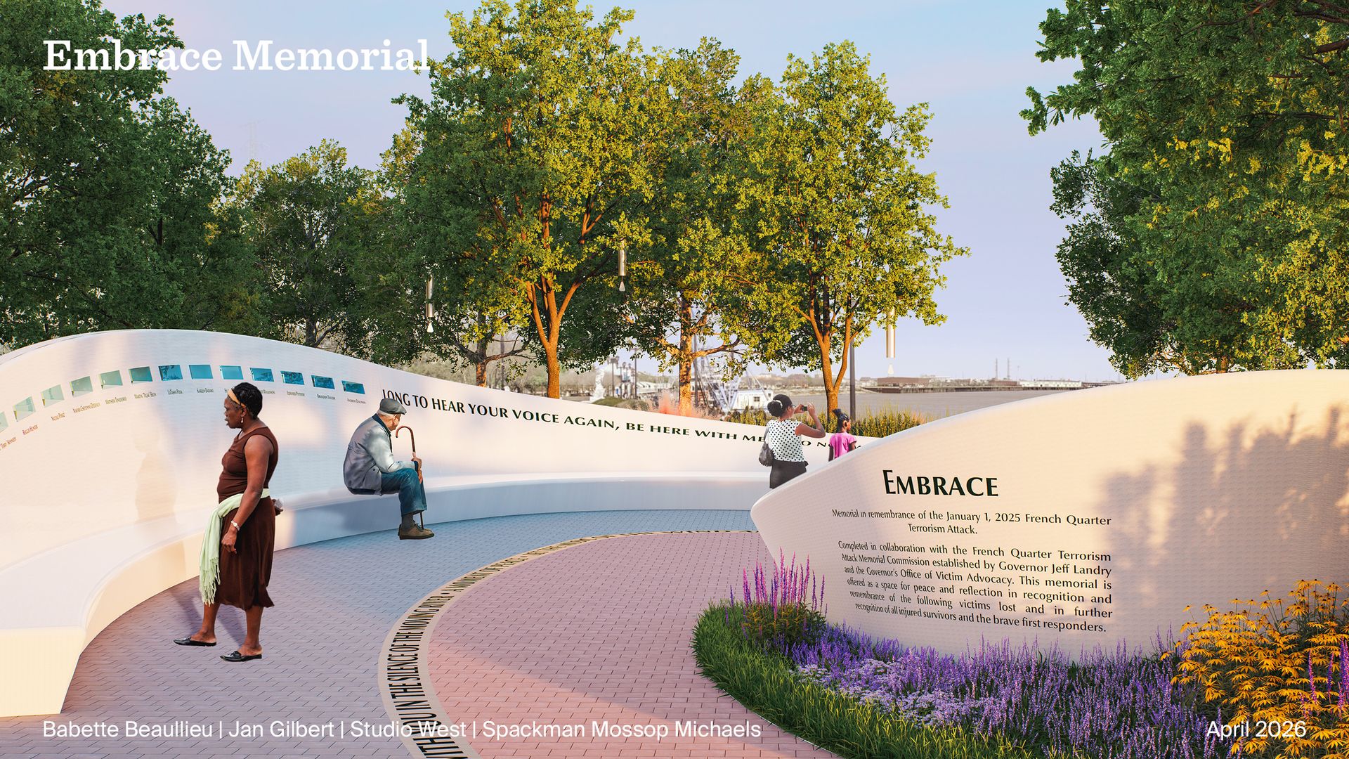 Sunlit memorial plaza with curved white walls bearing inscriptions, including "Embrace Memorial." Lush trees, a water backdrop, and visitors reading plaques along a brick path edged with purple flowers.