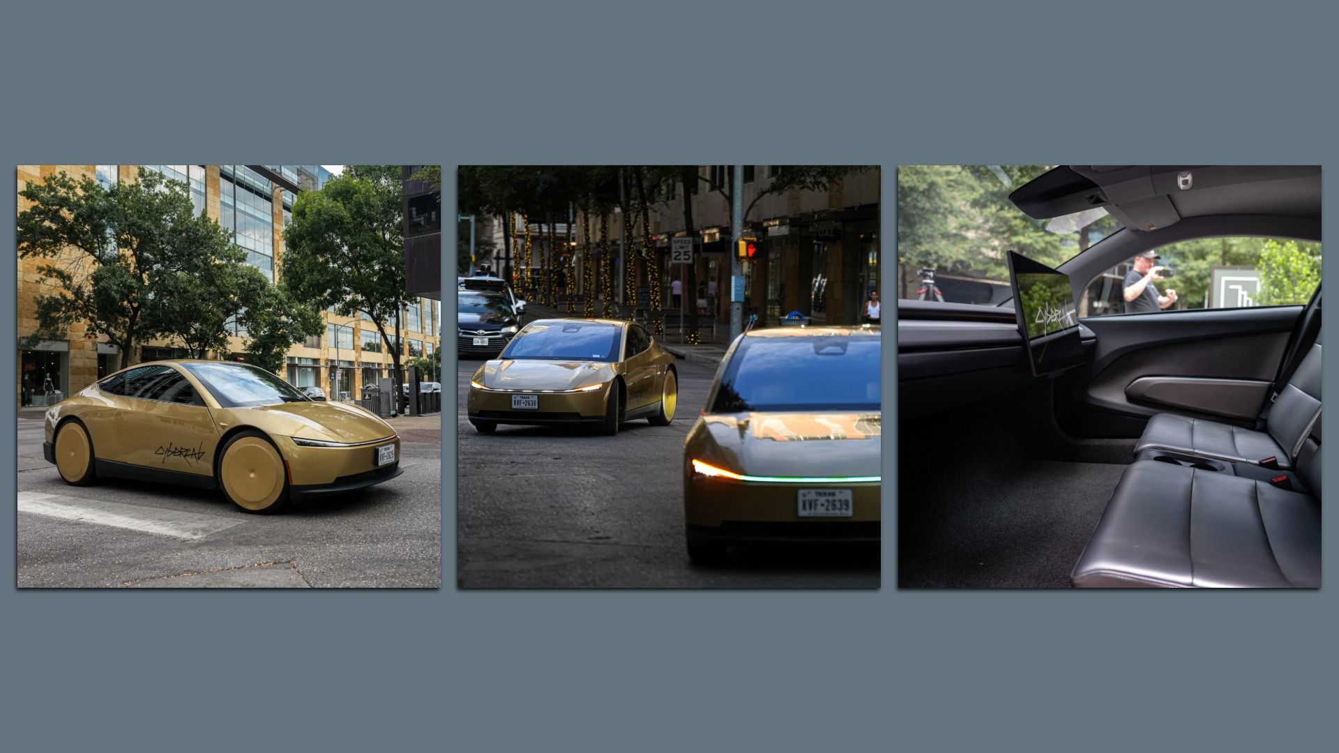 Triptych of gold Tesla Cybercabs in the city: left shows a parked gold car by trees; middle shows moving taxis on a lit street; right shows a modern car interior with a backseat screen and a person outside.